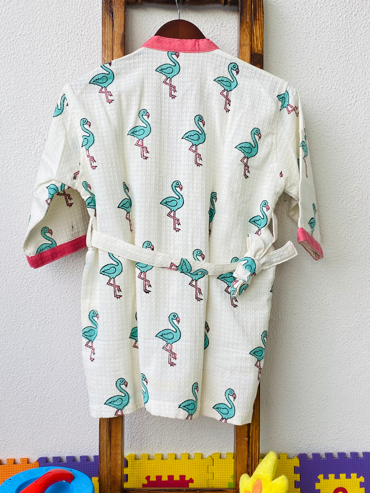girls cotton bathrobes with pink borders and turquoise flamingo nursery theme handblock printed Kuwait