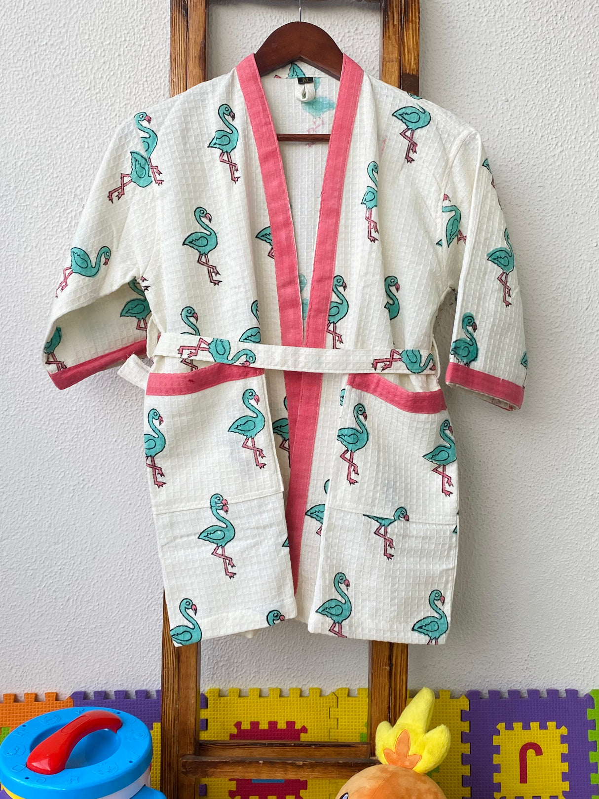 buy handcrafted cotton waffle bathrobe for girls in flamingo theme online for shipping to Philippines