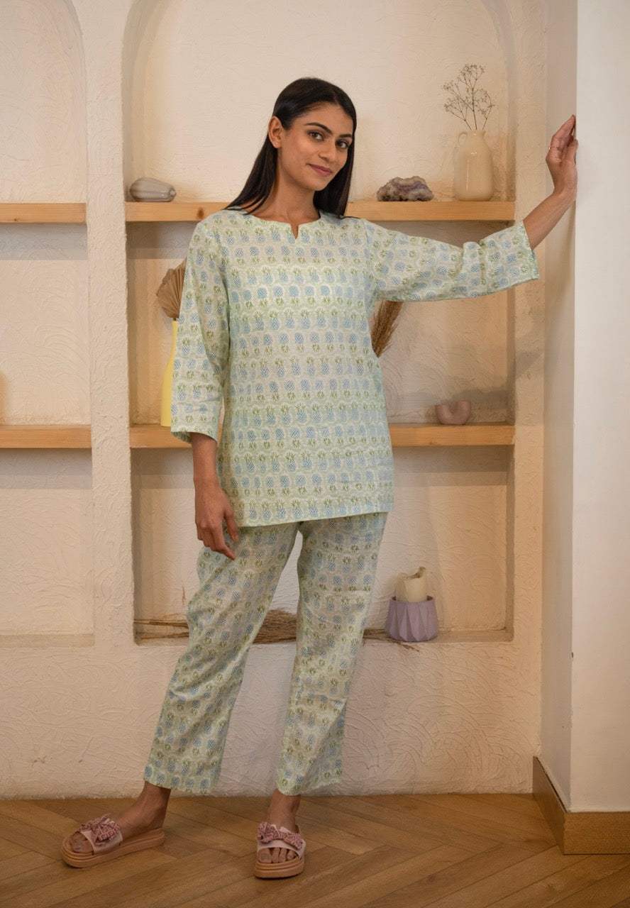 green-pineapple-cotton-pajama-top-view