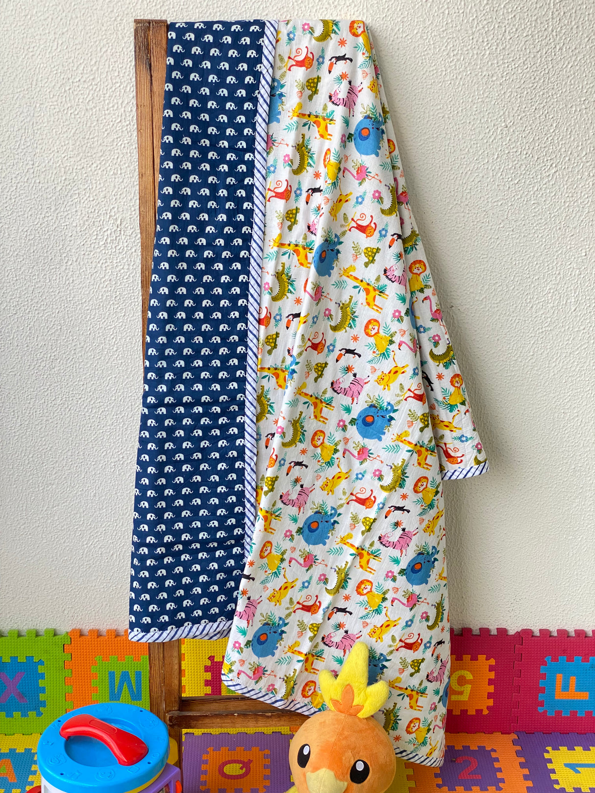 nursery theme baby blanket with elephant lion giraffe flamingo print azo free dyes india made