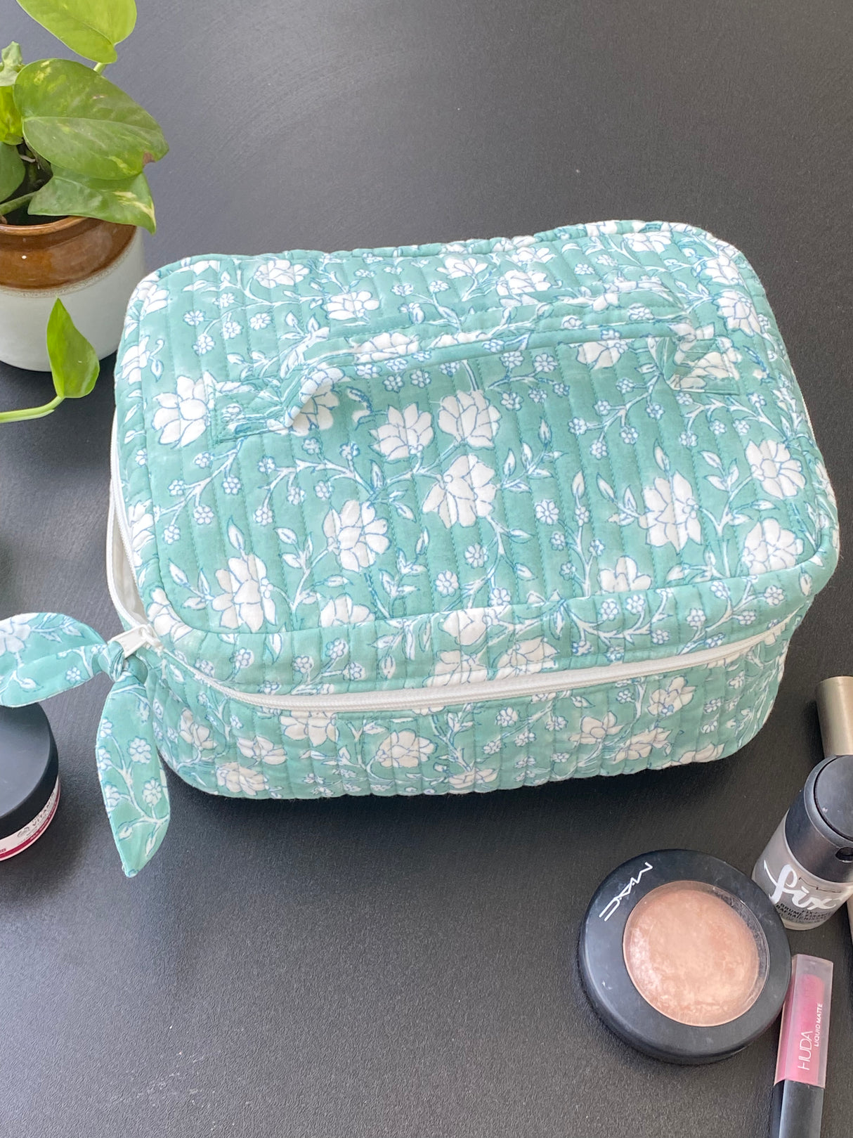 Green Floral Block Print Makeup Pouch | Quilted Cotton Organizer