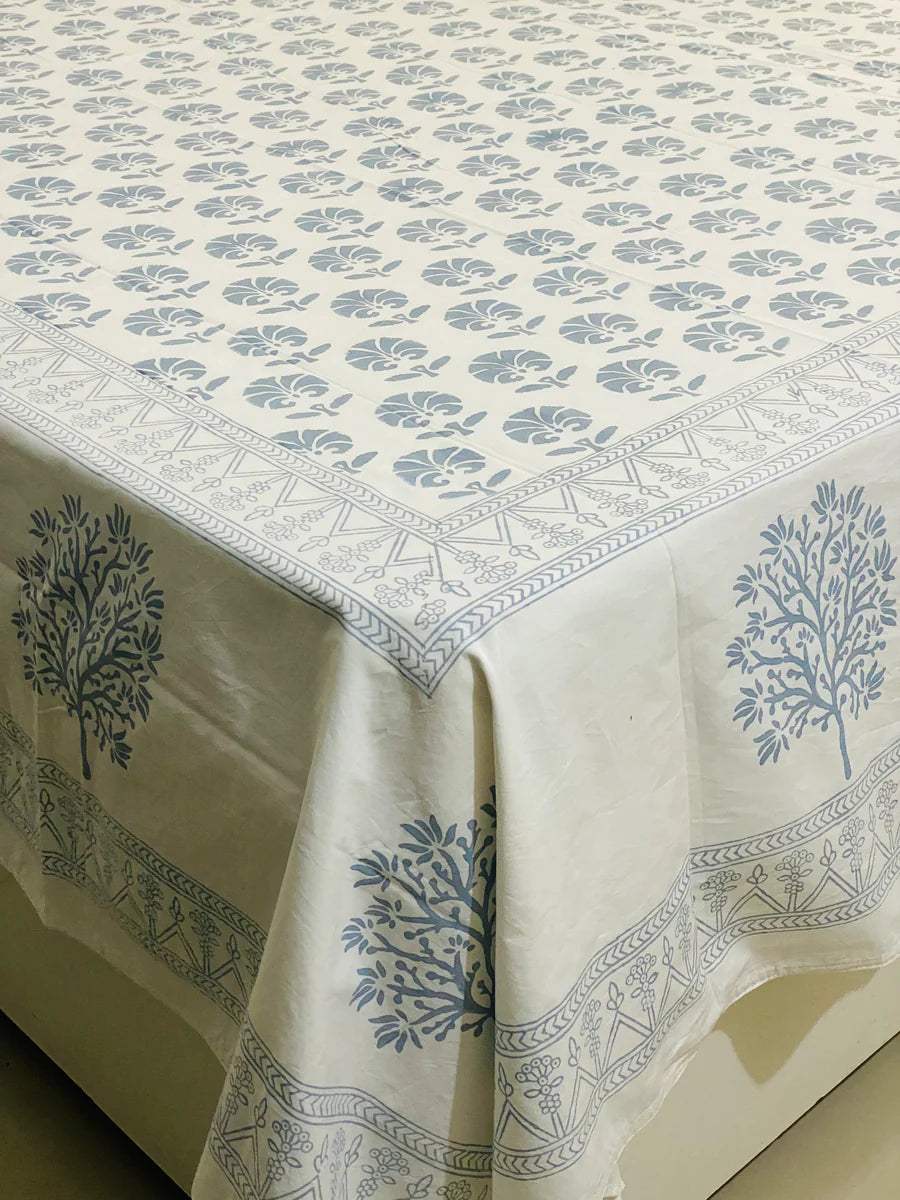 Blue Tree Blockprint Bedsheet & Quilt Set