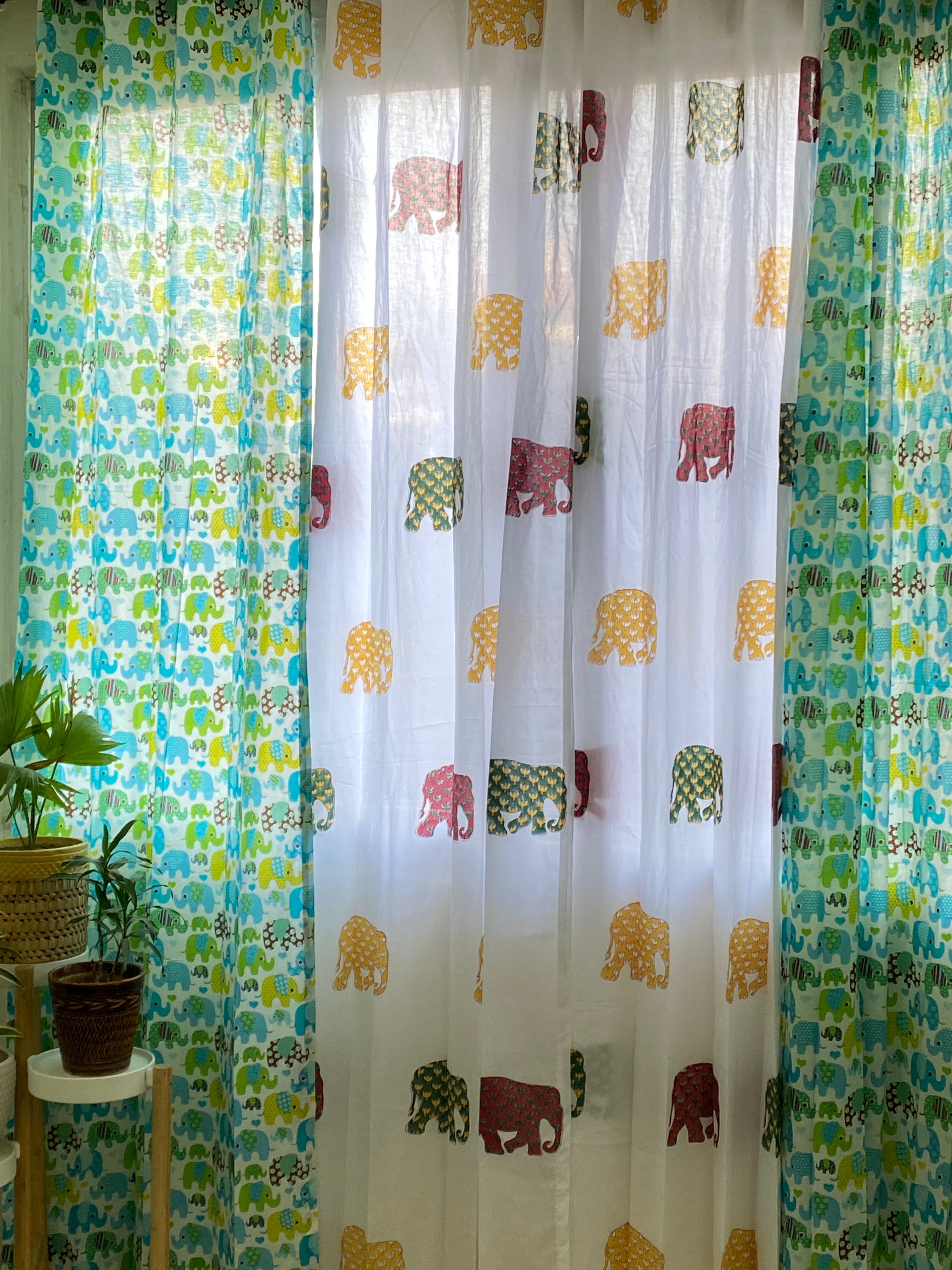 Set of 4 Blockprint Sheer Cotton Curtain