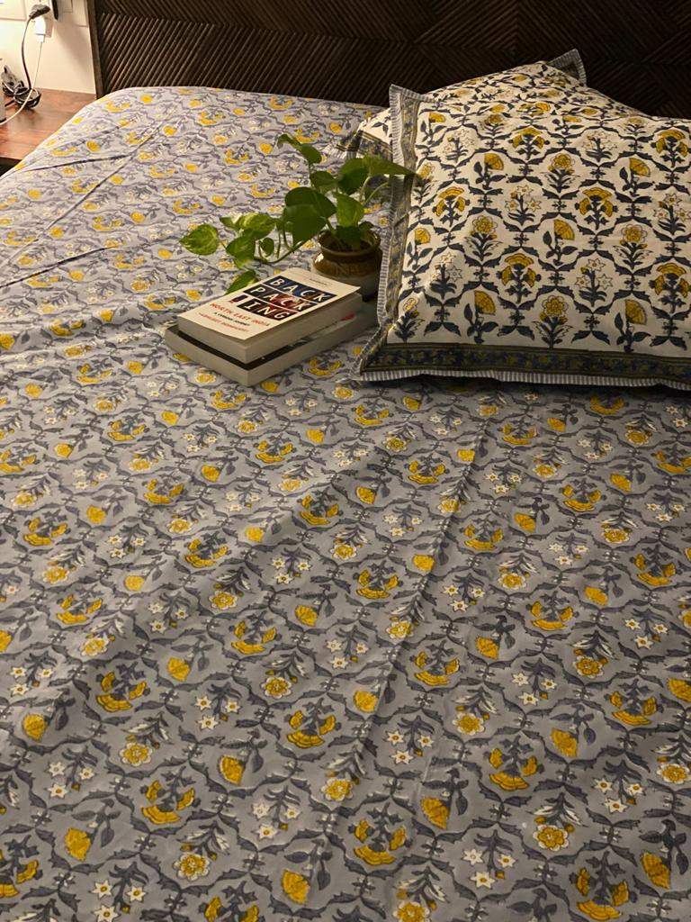 Yellow Floral Print Bedsheet & Dohar Set on Grey Base