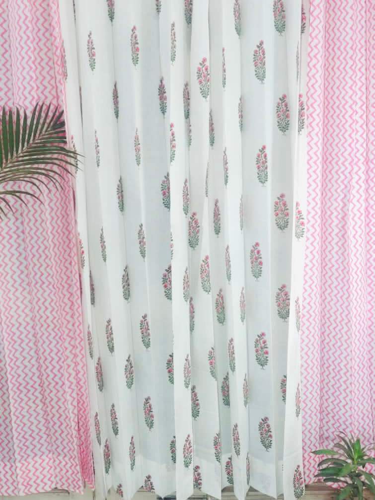 Set of 4 Blockprint Sheer Cotton Curtain