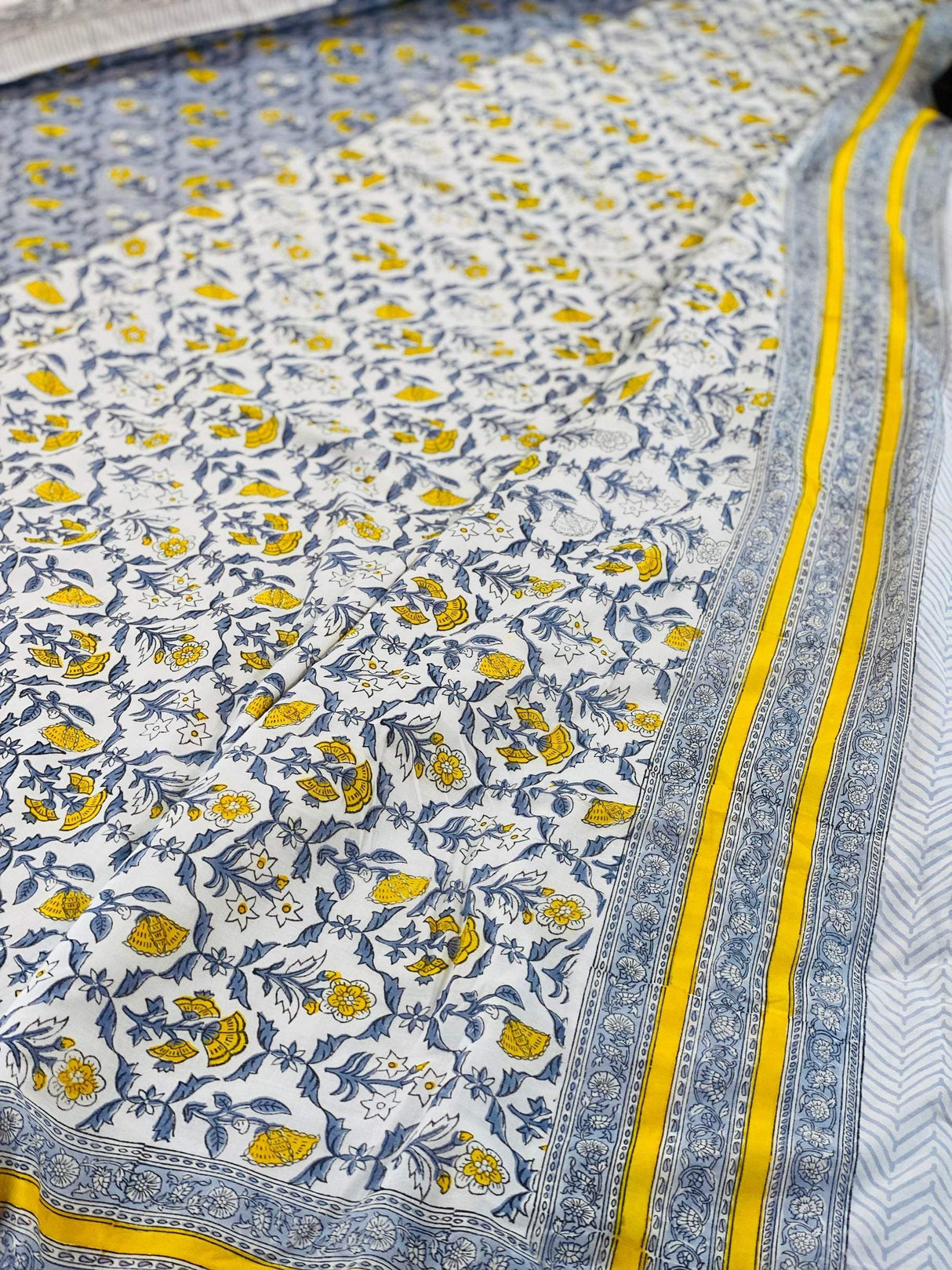 Yellow Floral Print Bedsheet & Dohar Set on Grey Base