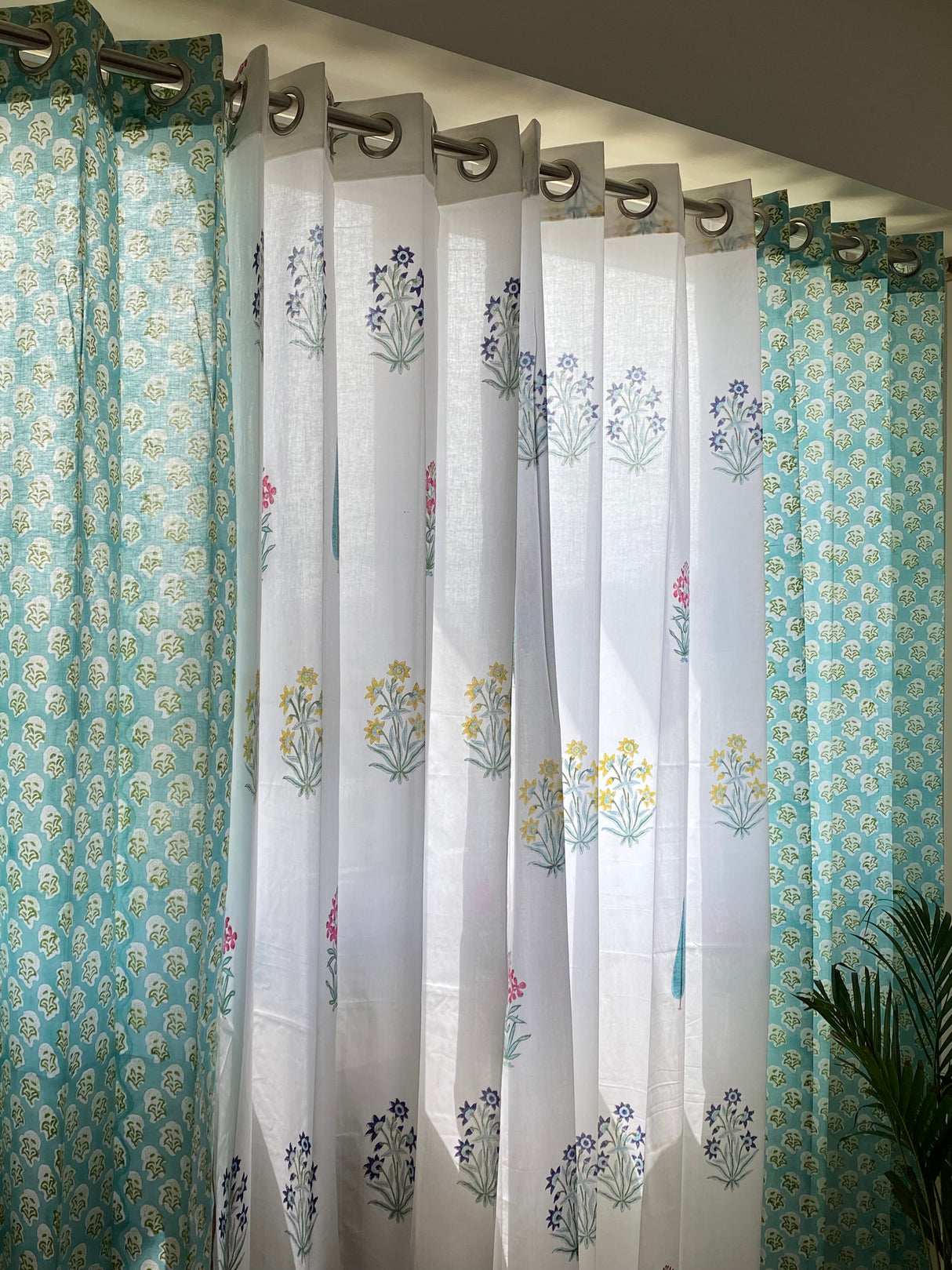 Set of 4 Blockprint Sheer Cotton Curtain