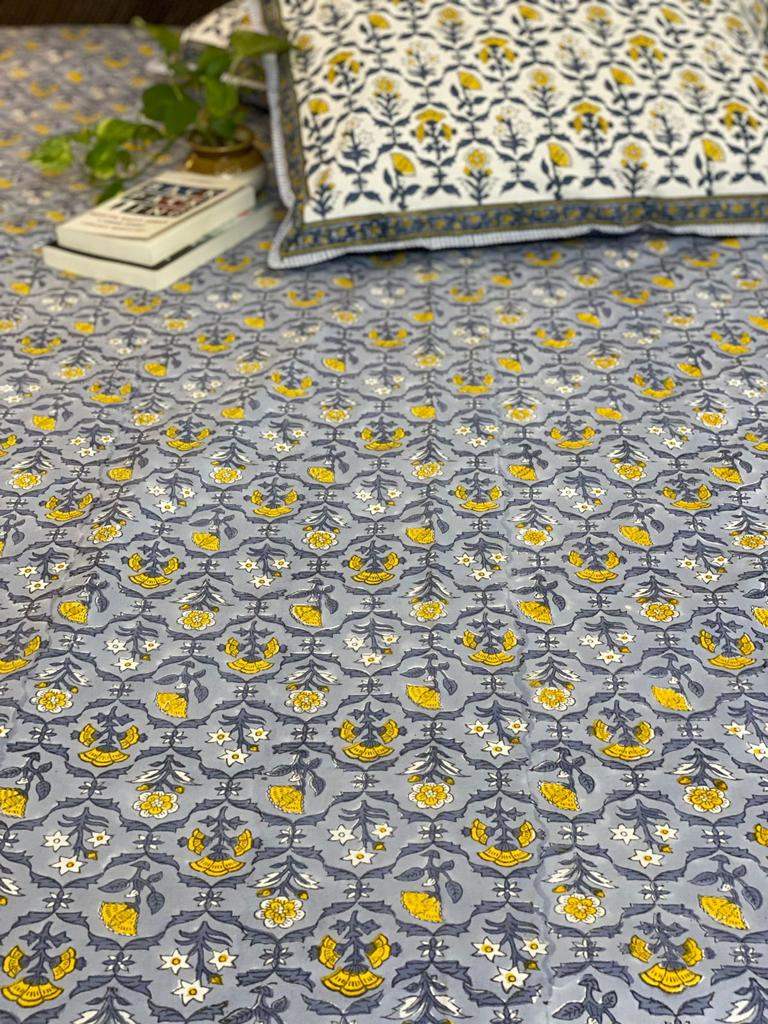 Yellow Floral Print Bedsheet & Dohar Set on Grey Base
