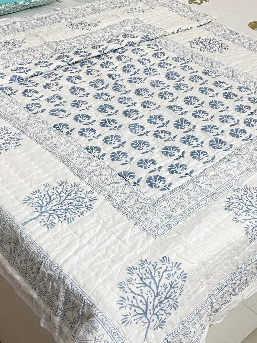Blue Tree Blockprint Bedsheet & Quilt Set