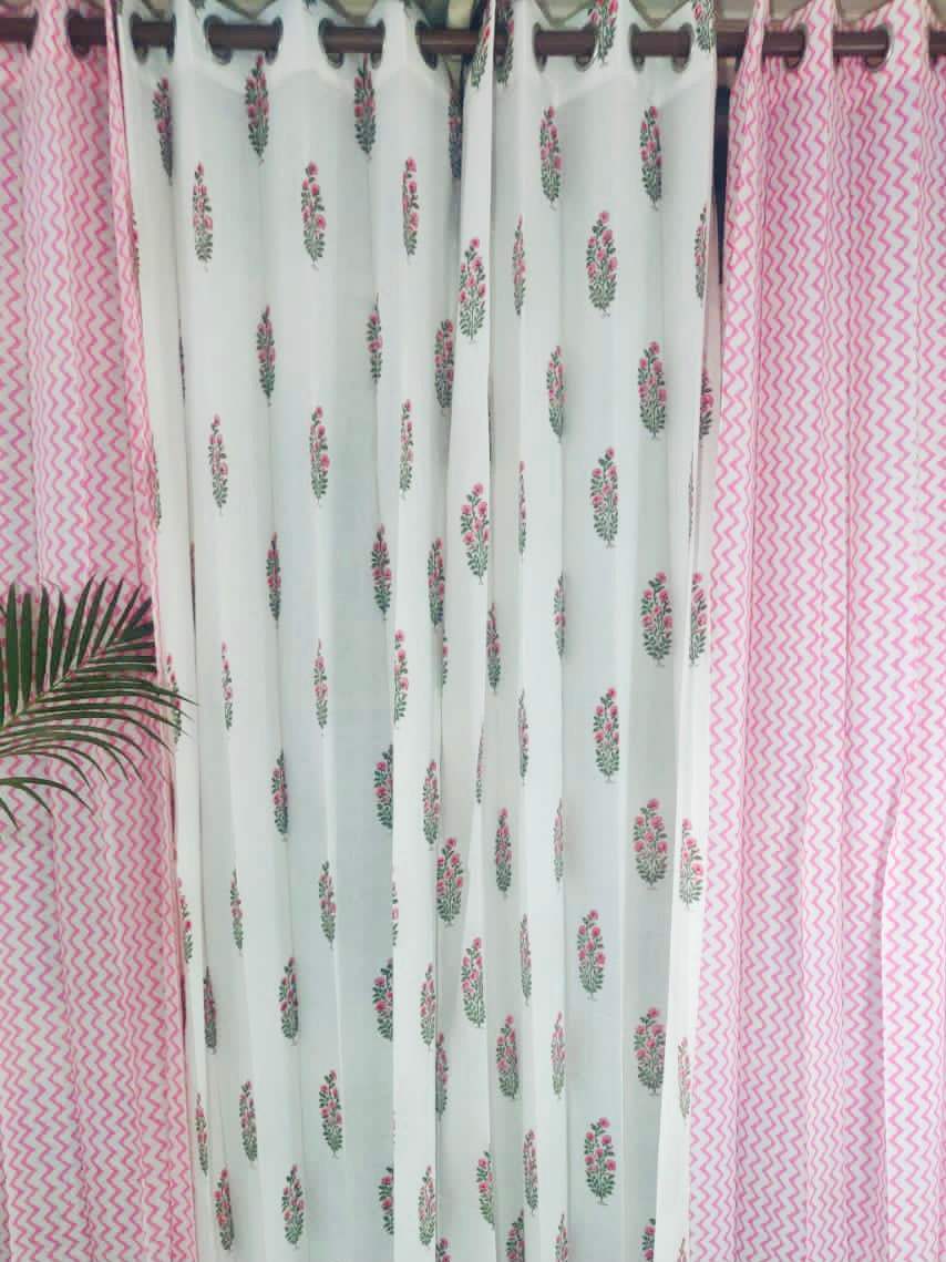 Set of 4 Blockprint Sheer Cotton Curtain