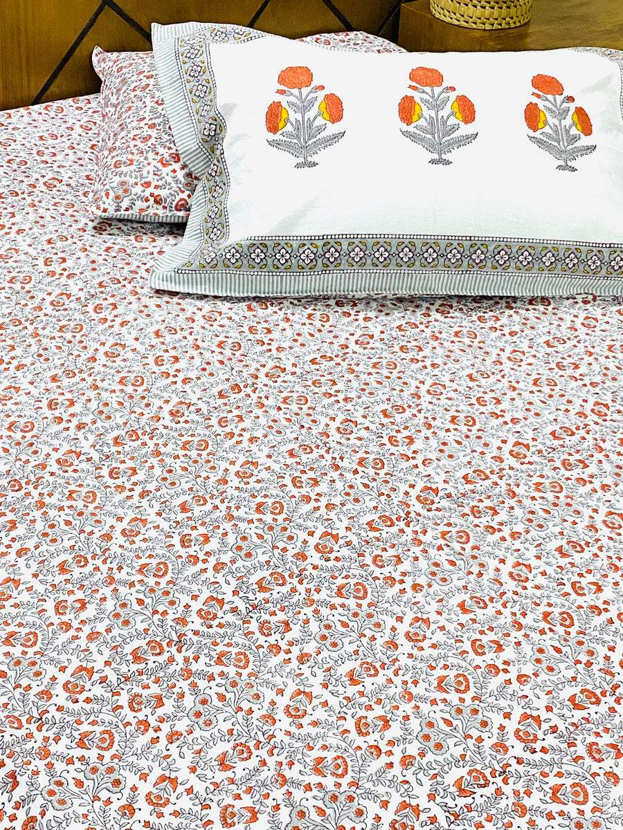 Orange Floral Bedsheet & Dohar Set in Soft Cotton