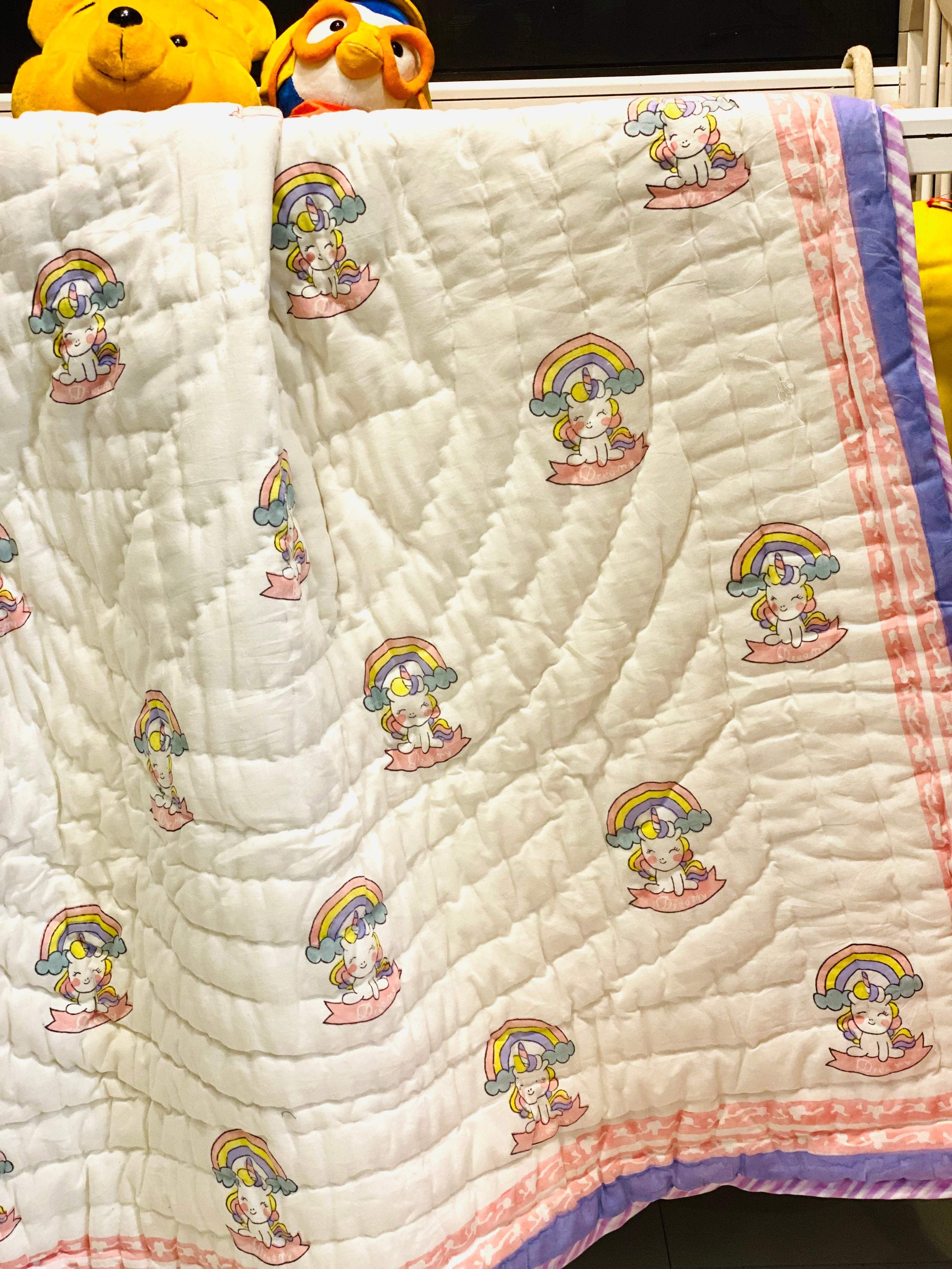 Unicorn Kids Quilt- Hand Block Printed Cotton Reversible (60*40 inches)