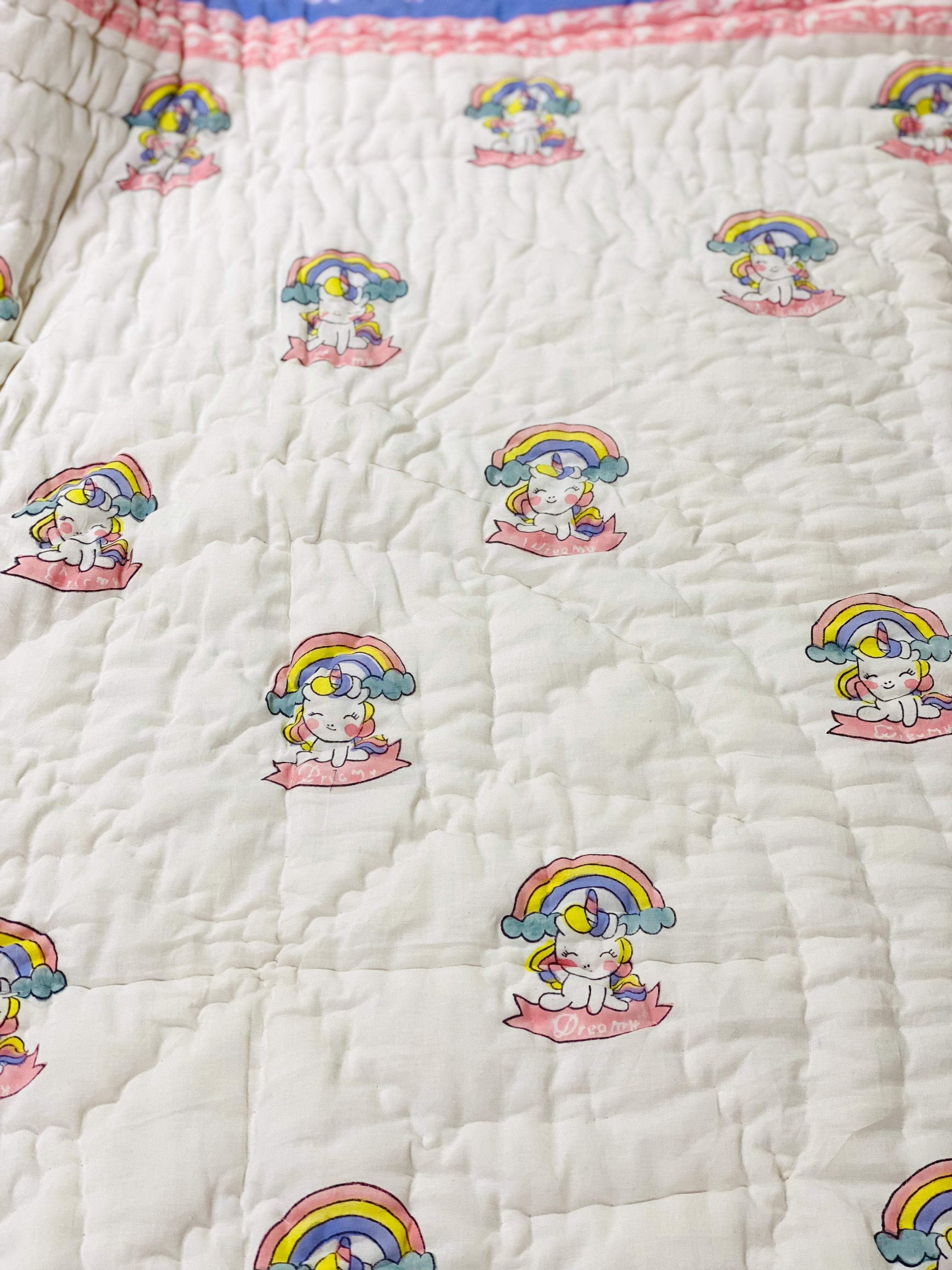 Unicorn Kids Quilt- Hand Block Printed Cotton Reversible (60*40 inches)
