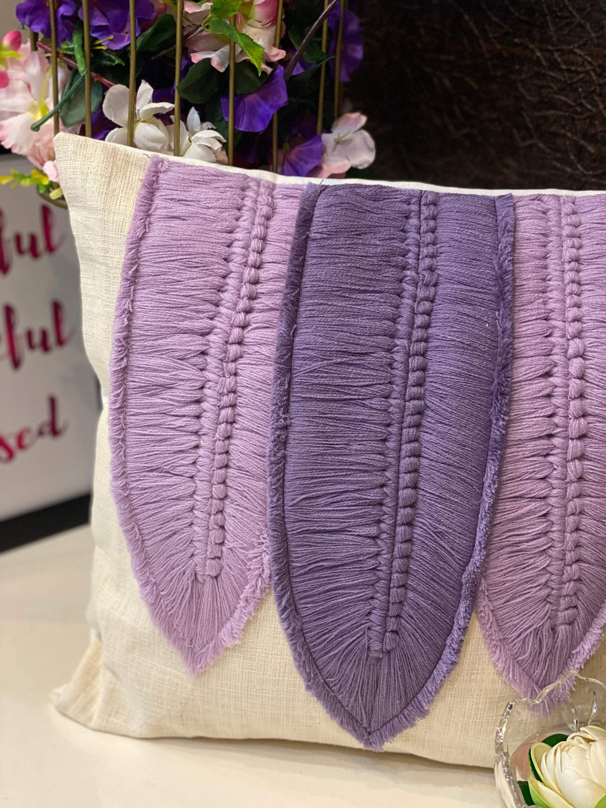 Embellished 3 feathers Cushion Cover- 16*16 inches