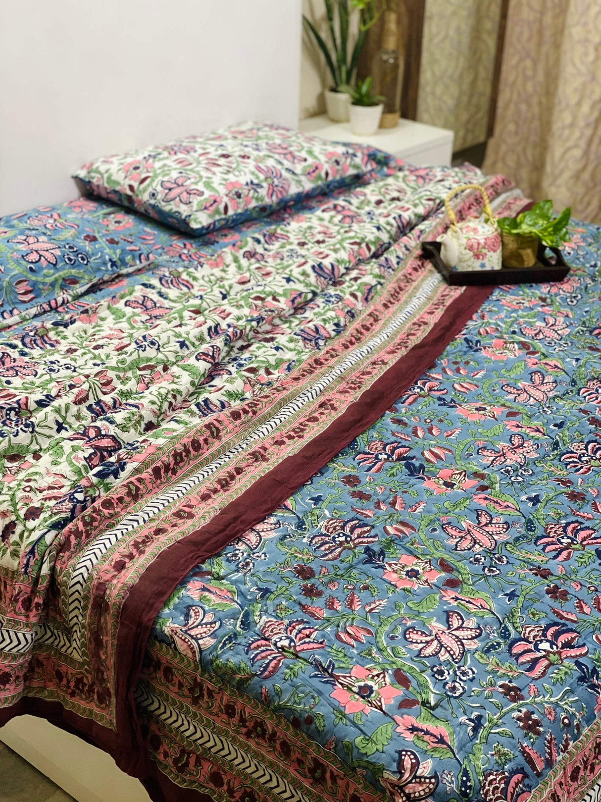 Blue Blossom Blockprint Bedsheet & Quilt Set