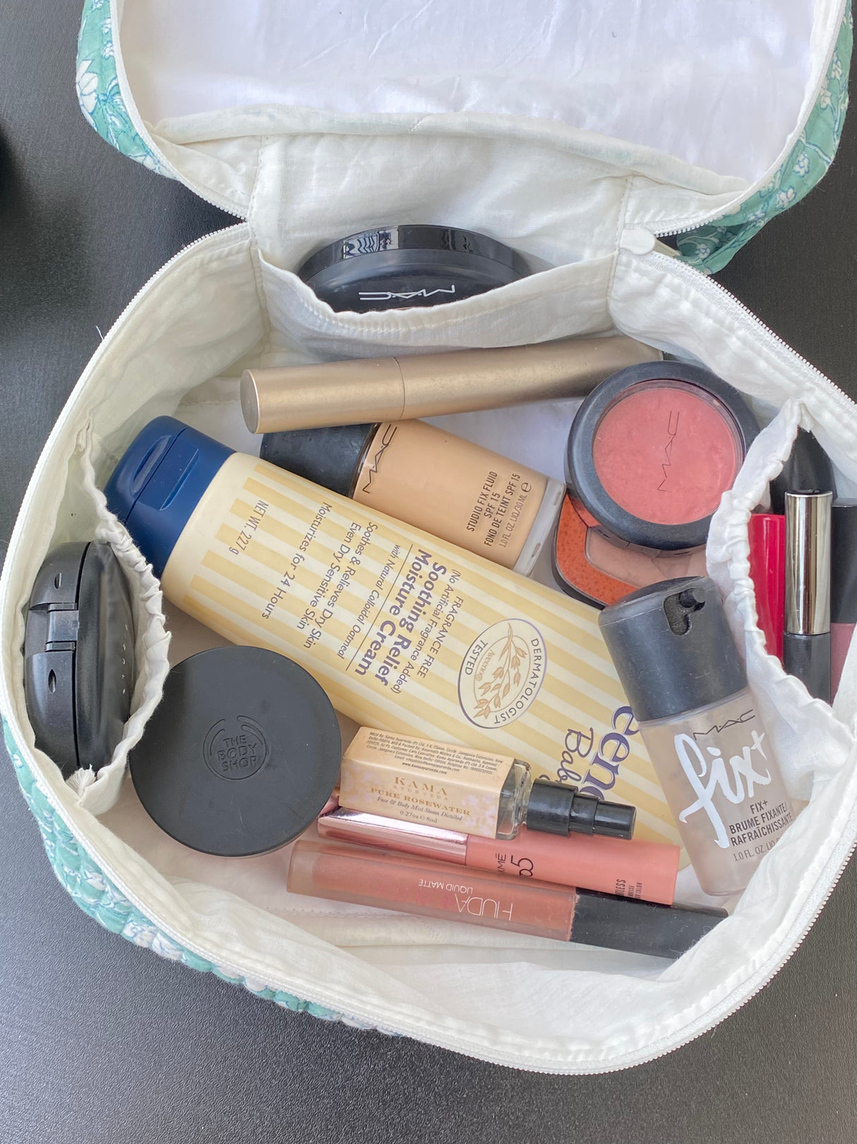 Green Floral Block Print Makeup Pouch | Quilted Cotton Organizer