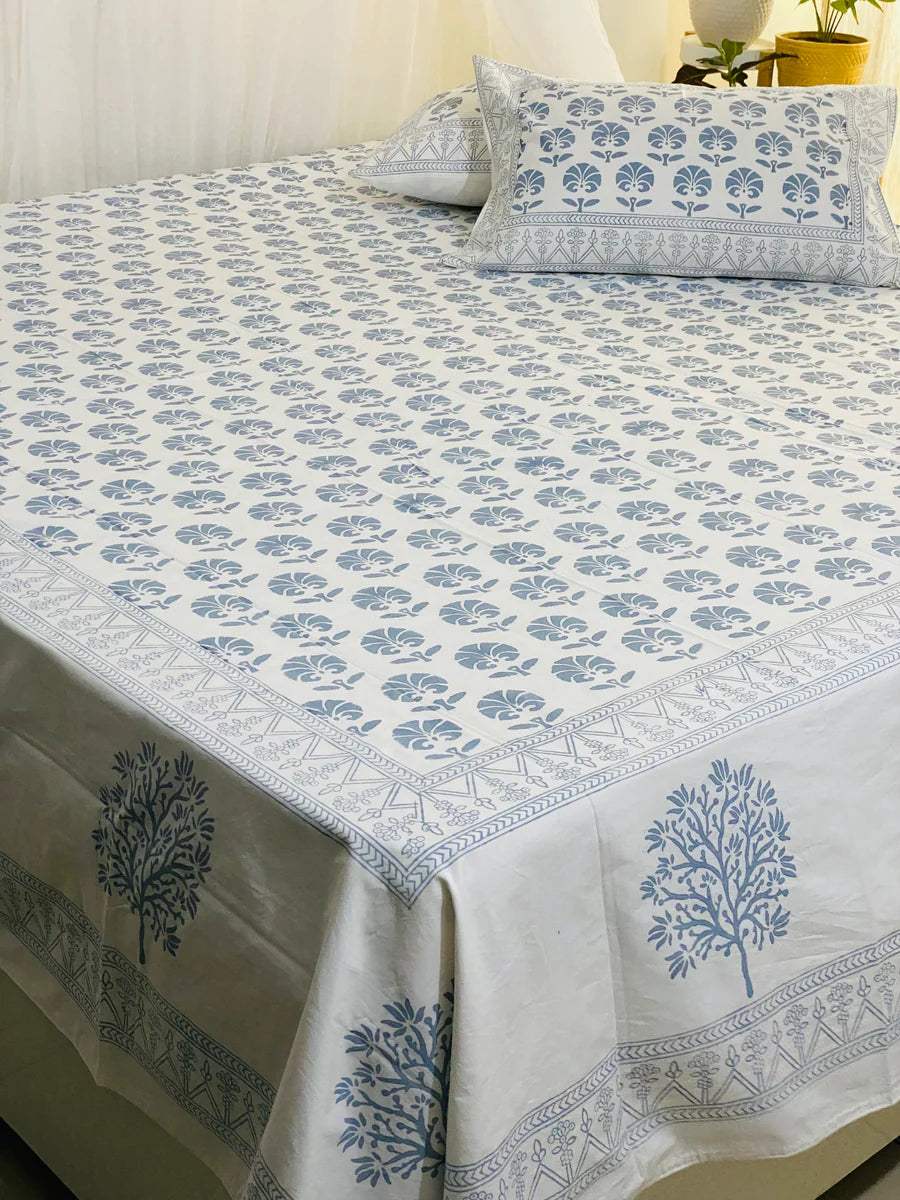 Blue Tree Blockprint Bedsheet & Quilt Set