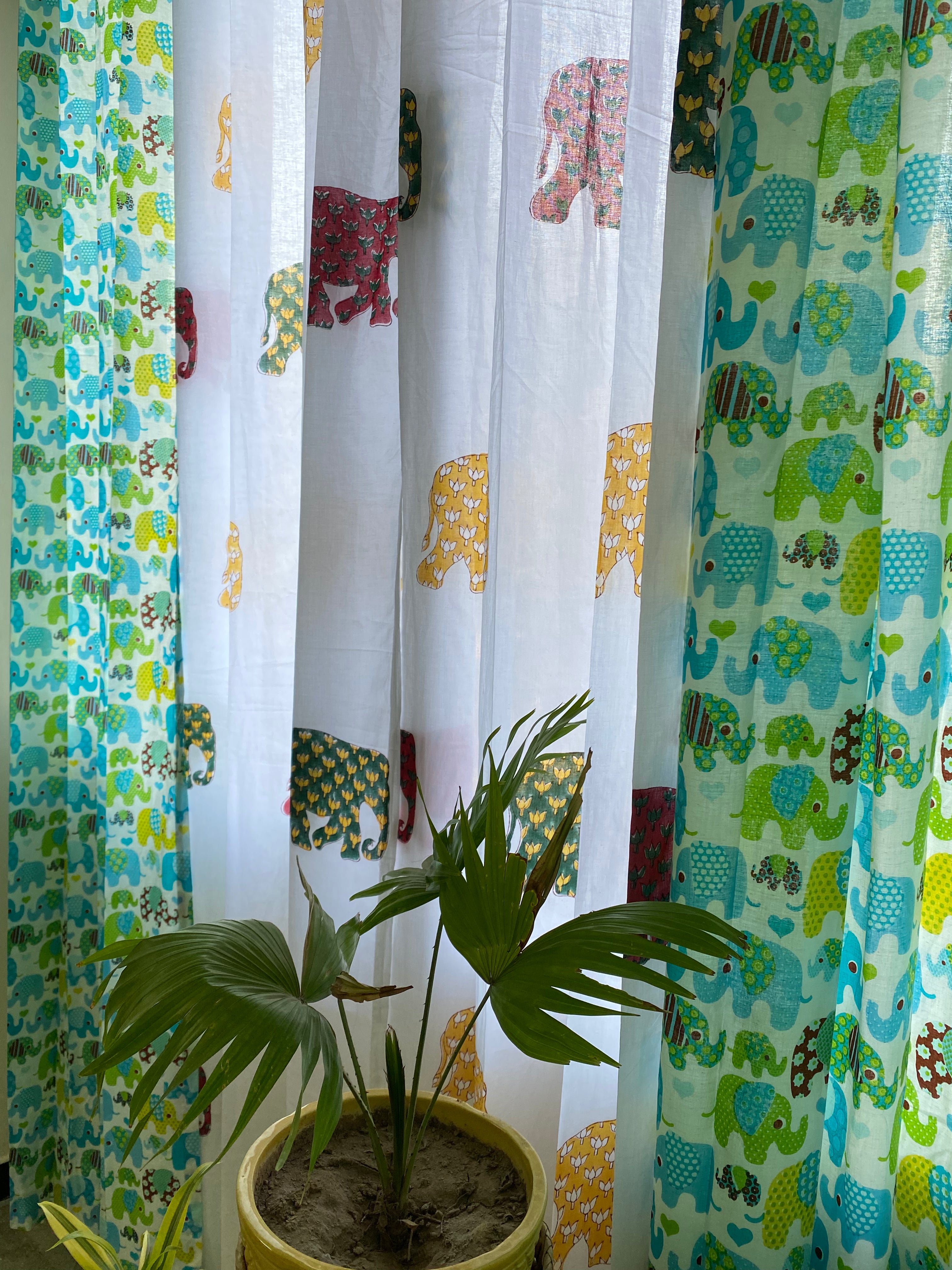 Set of 4 Blockprint Sheer Cotton Curtain