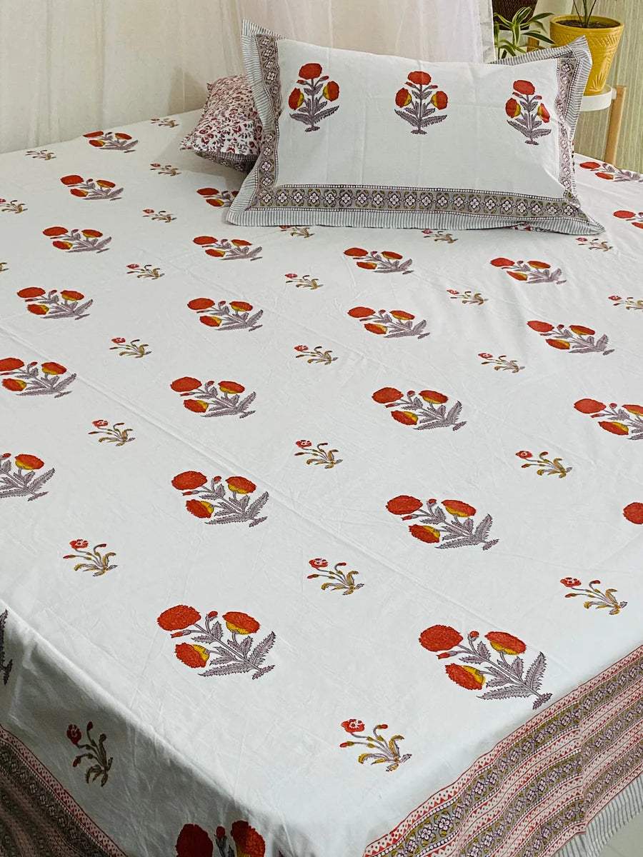Floral Cotton Set – Bedsheet & Dohar in Orange Tone