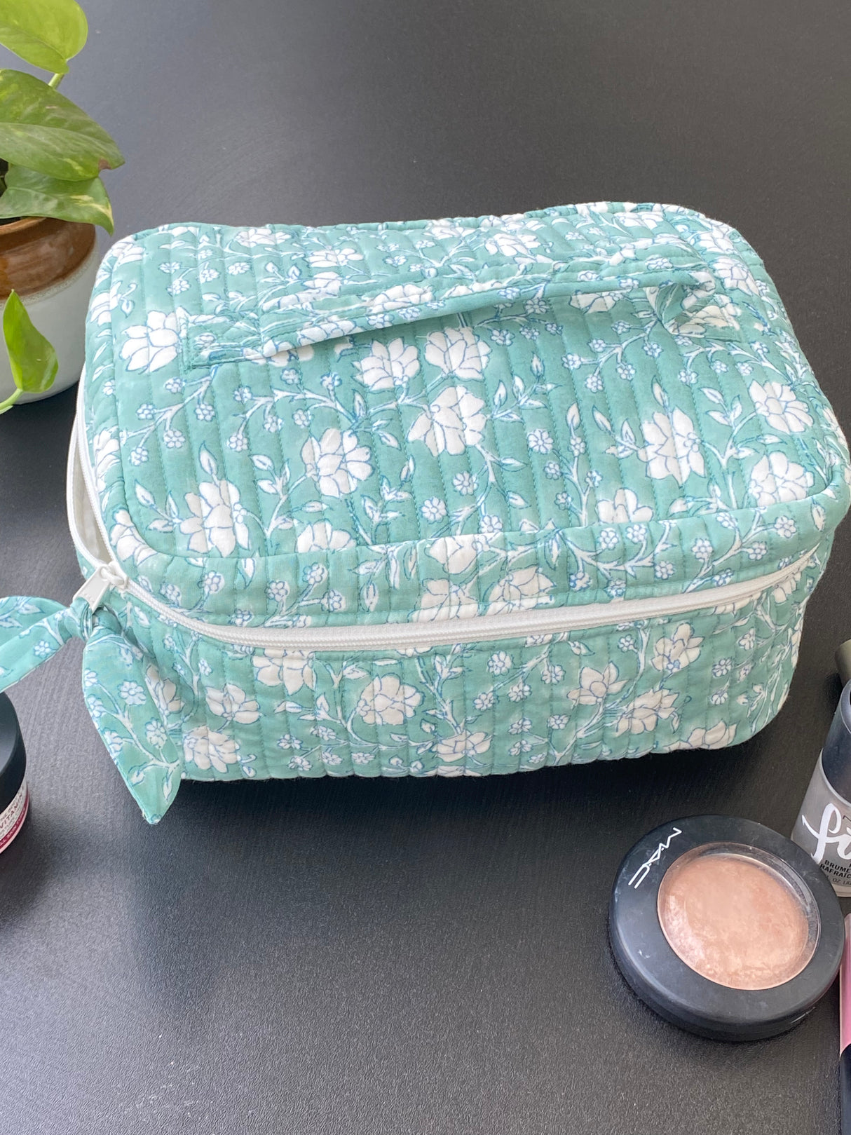 Green Floral Block Print Makeup Pouch | Quilted Cotton Organizer