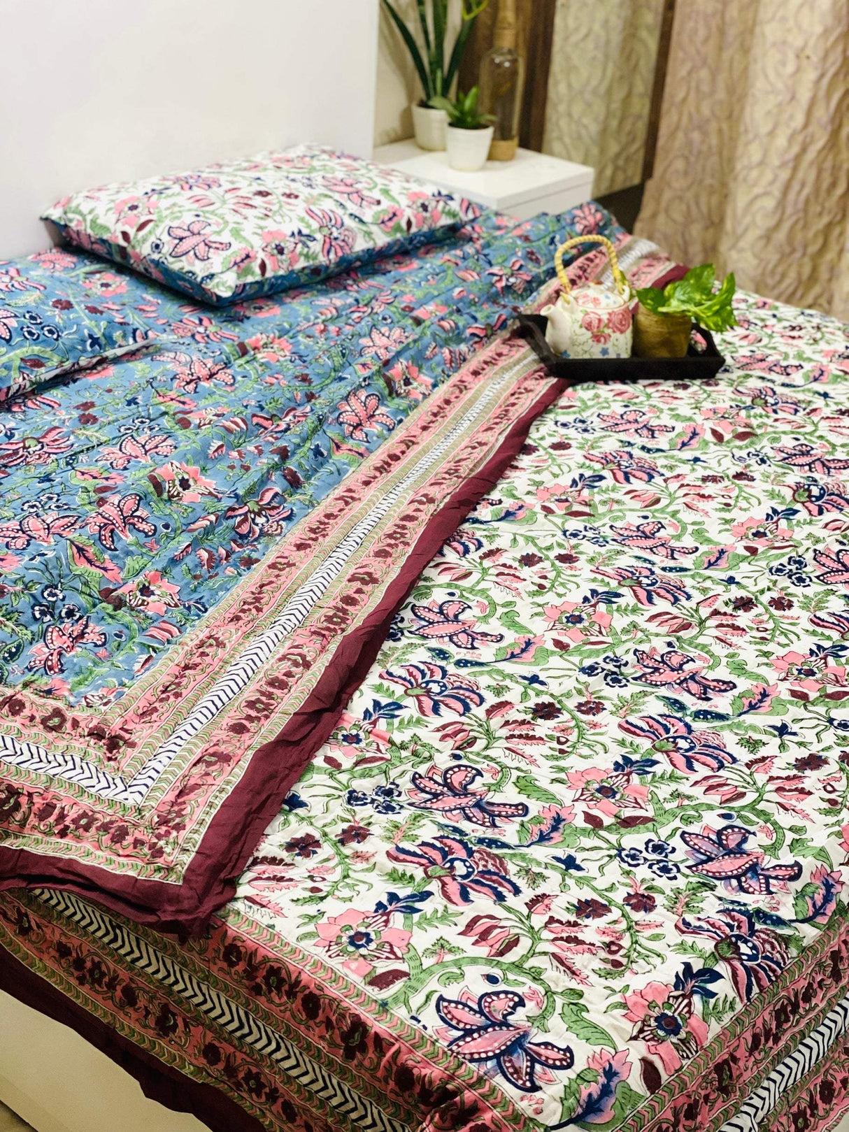 Blue Blossom Blockprint Bedsheet & Quilt Set