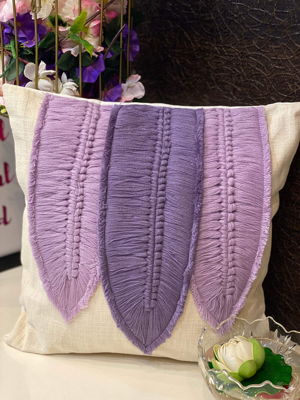 Embellished 3 feathers Cushion Cover- 16*16 inches