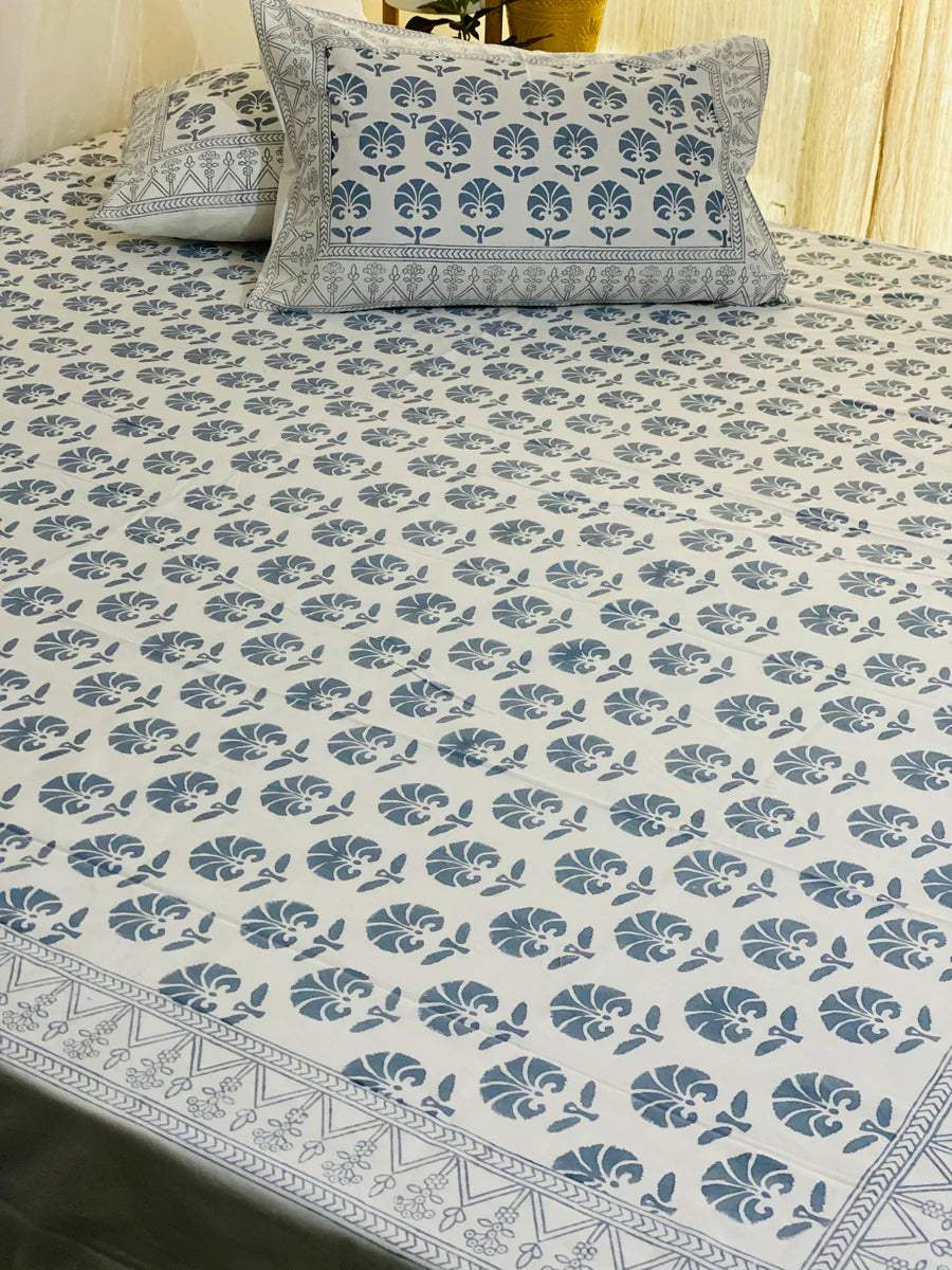 Blue Tree Blockprint Bedsheet & Quilt Set