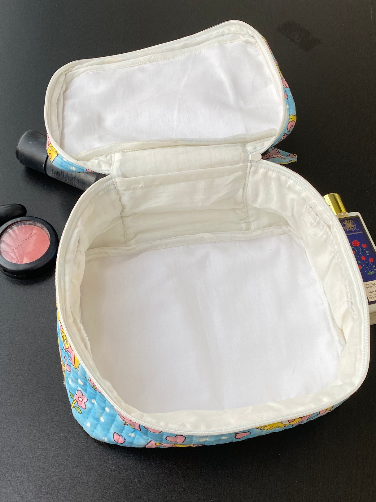 Elephant Block Print Makeup Pouch | Quilted Cotton Organizer