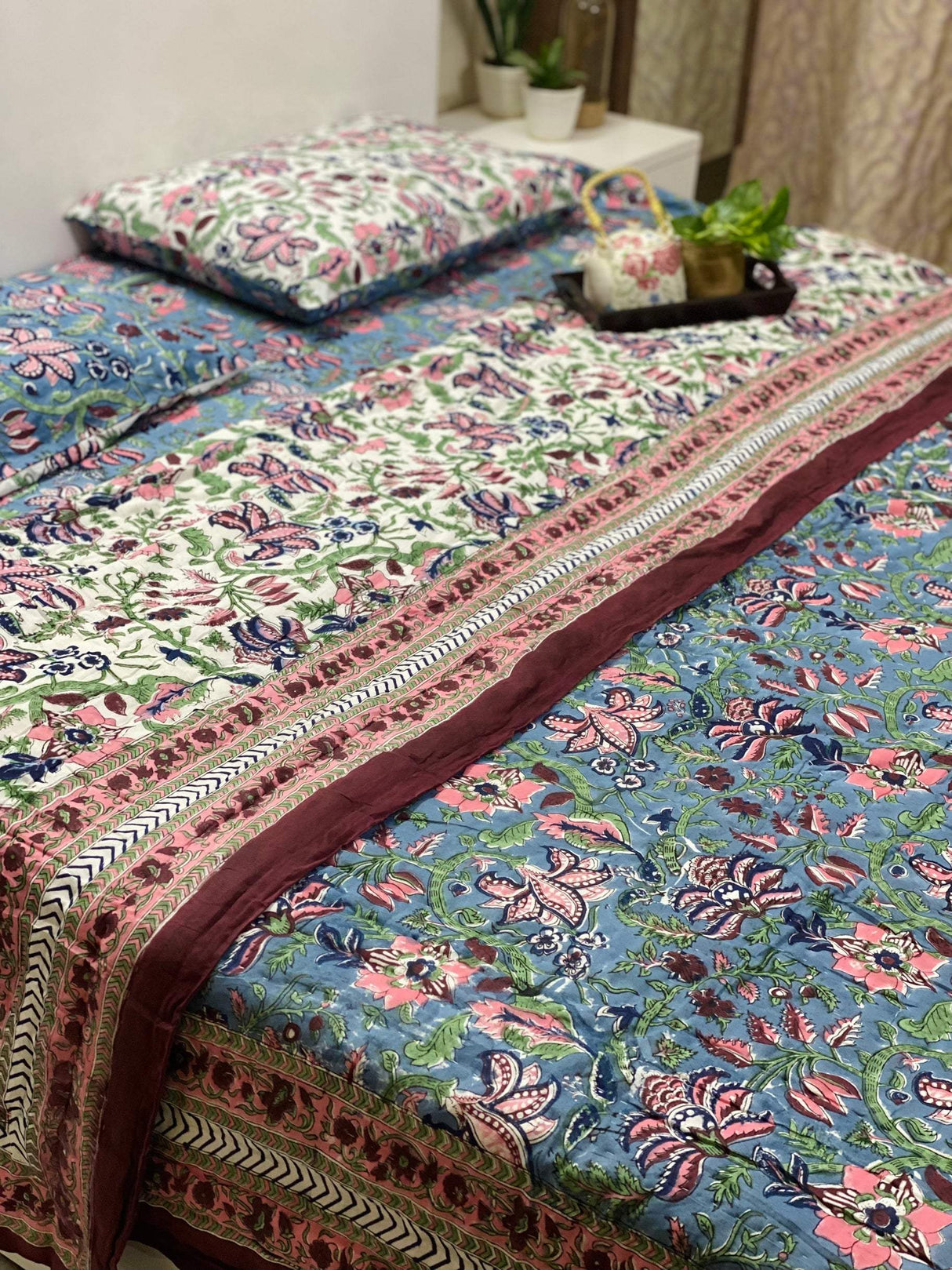 Blue Blossom Blockprint Bedsheet & Quilt Set