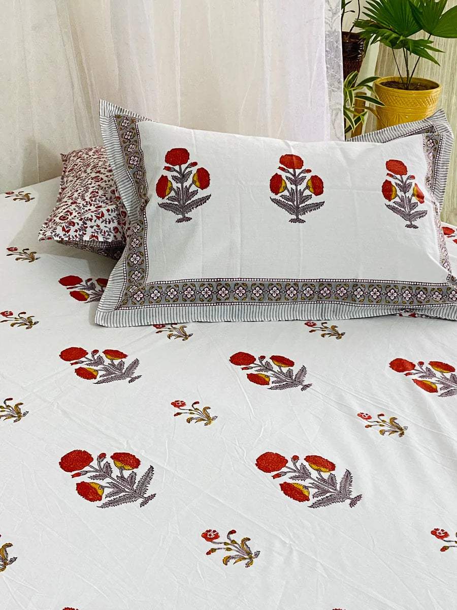 Floral Cotton Set – Bedsheet & Dohar in Orange Tone