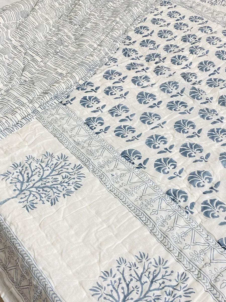 Blue Tree Blockprint Bedsheet & Quilt Set