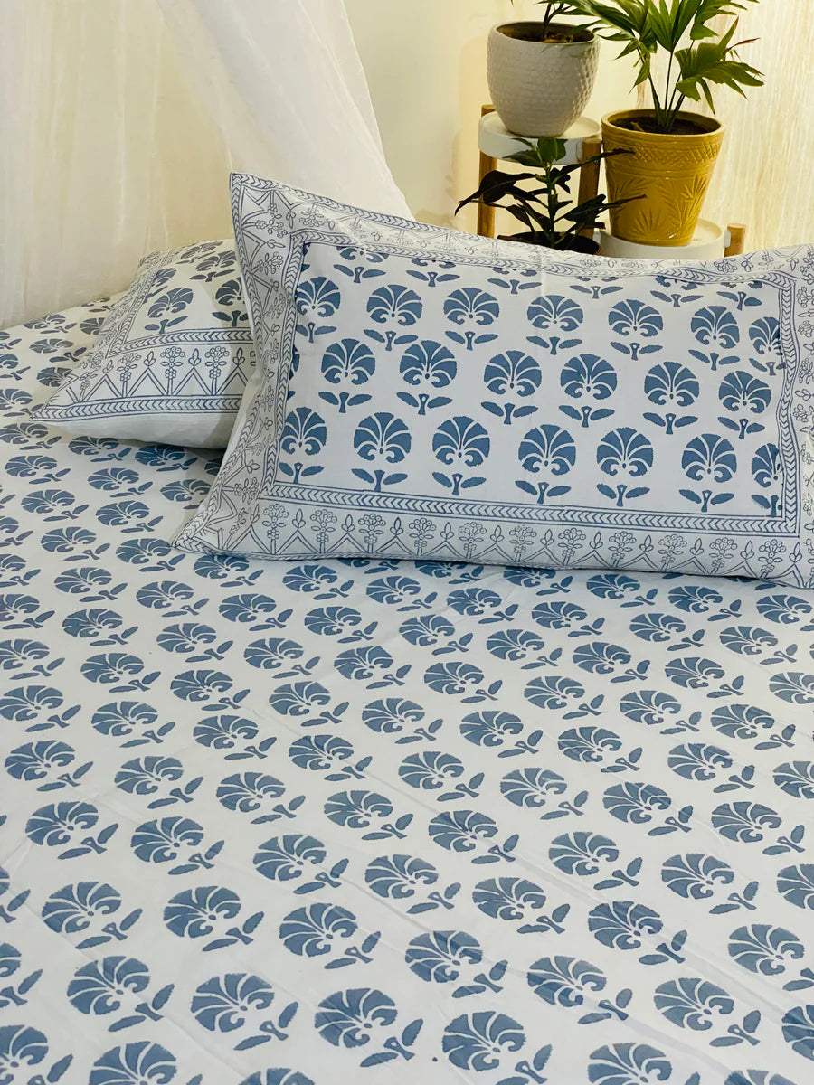 Blue Tree Blockprint Bedsheet & Quilt Set