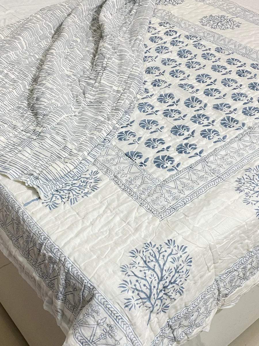 Blue Tree Blockprint Bedsheet & Quilt Set