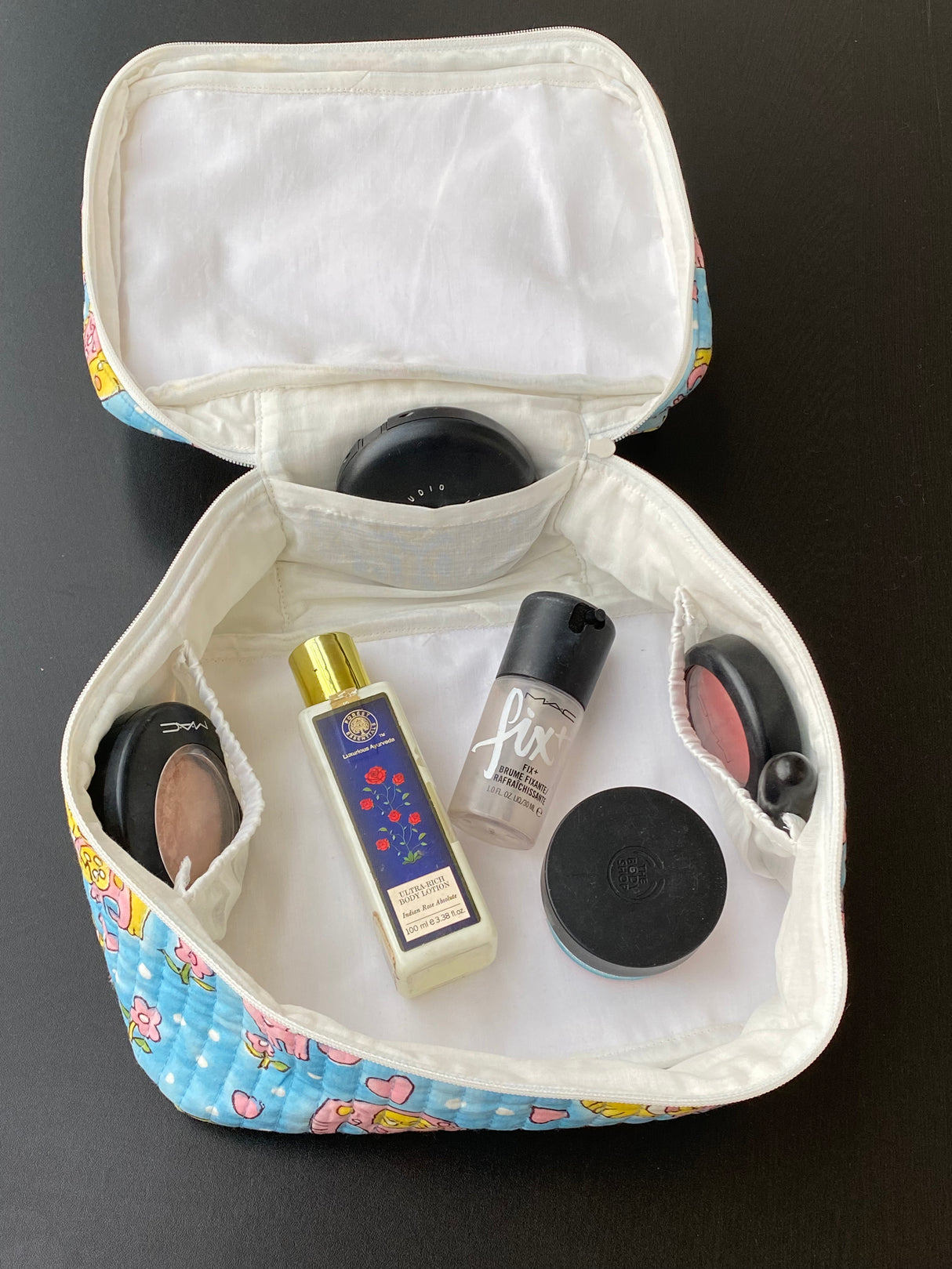 Elephant Block Print Makeup Pouch | Quilted Cotton Organizer