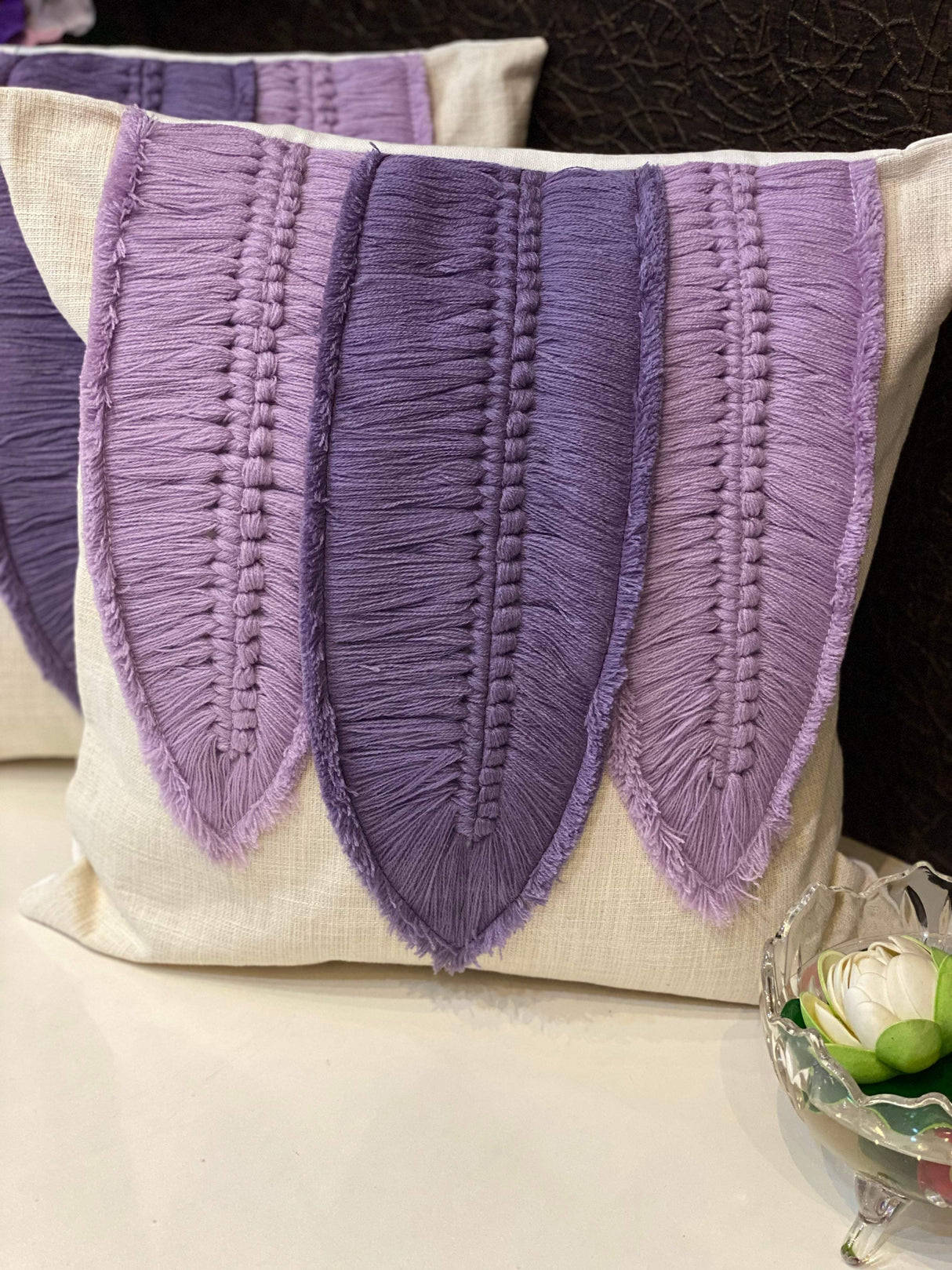 Embellished 3 feathers Cushion Cover- 16*16 inches
