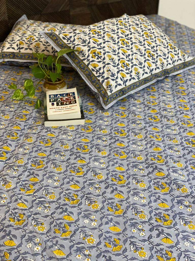 Yellow Floral Print Bedsheet & Dohar Set on Grey Base