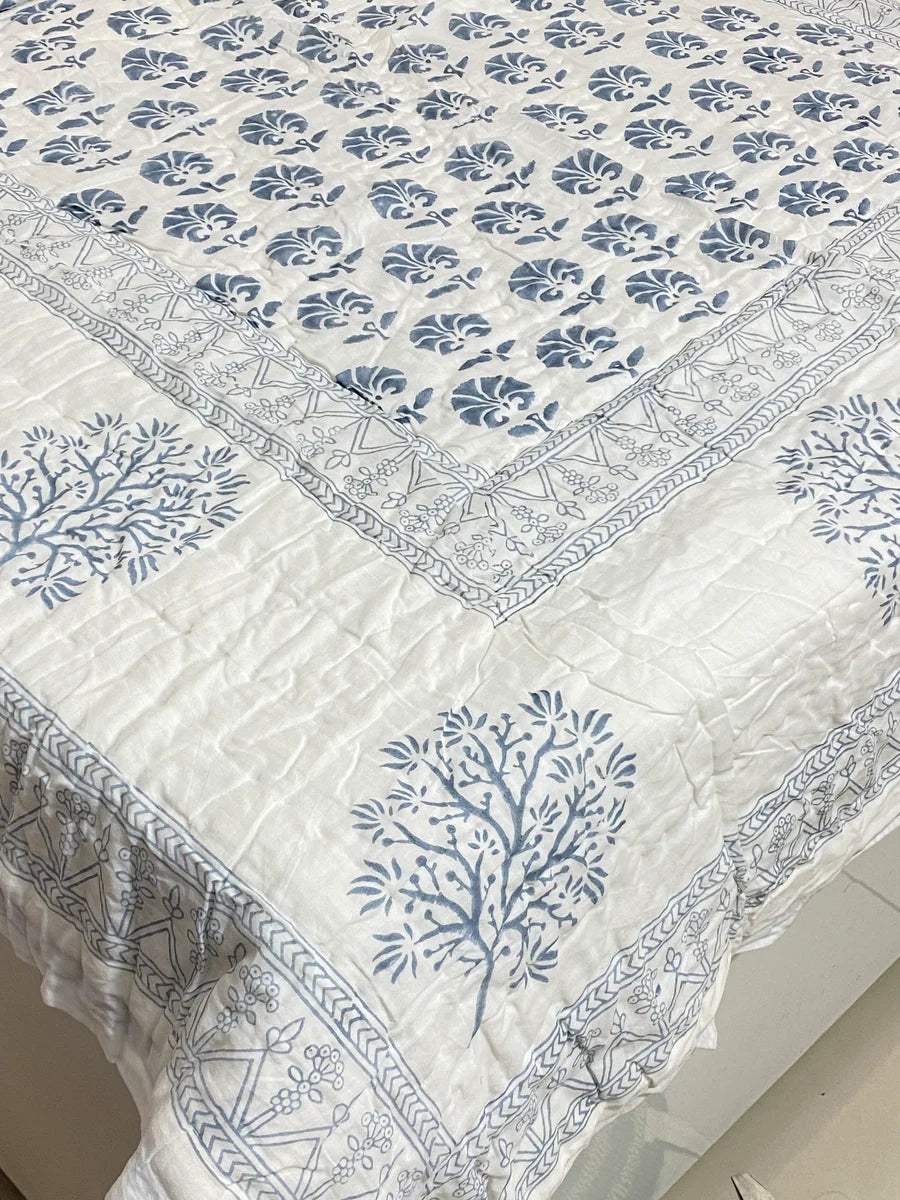 Blue Tree Blockprint Bedsheet & Quilt Set