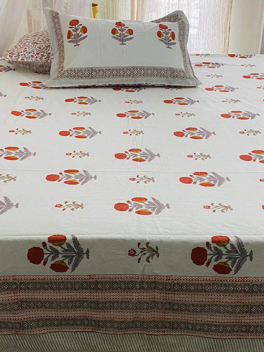 Floral Cotton Set – Bedsheet & Dohar in Orange Tone