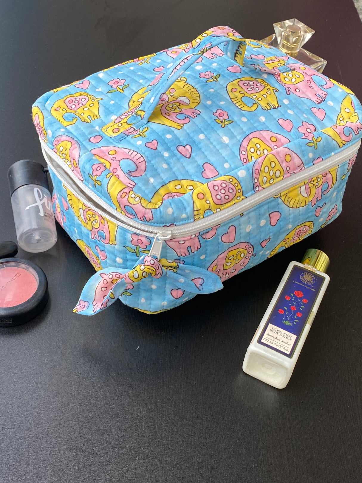 Elephant Block Print Makeup Pouch | Quilted Cotton Organizer