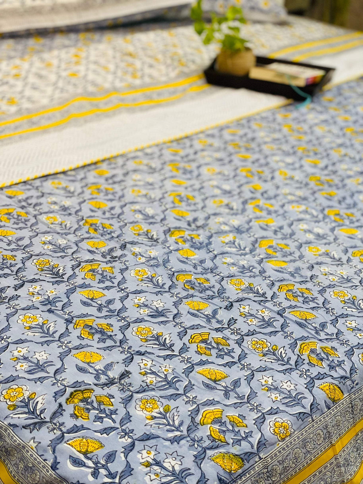 Yellow Floral Print Bedsheet & Dohar Set on Grey Base