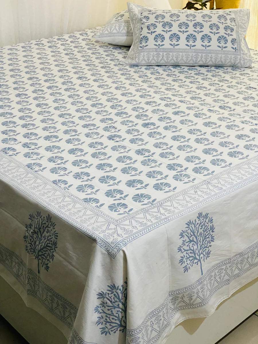 Blue Tree Blockprint Bedsheet & Quilt Set