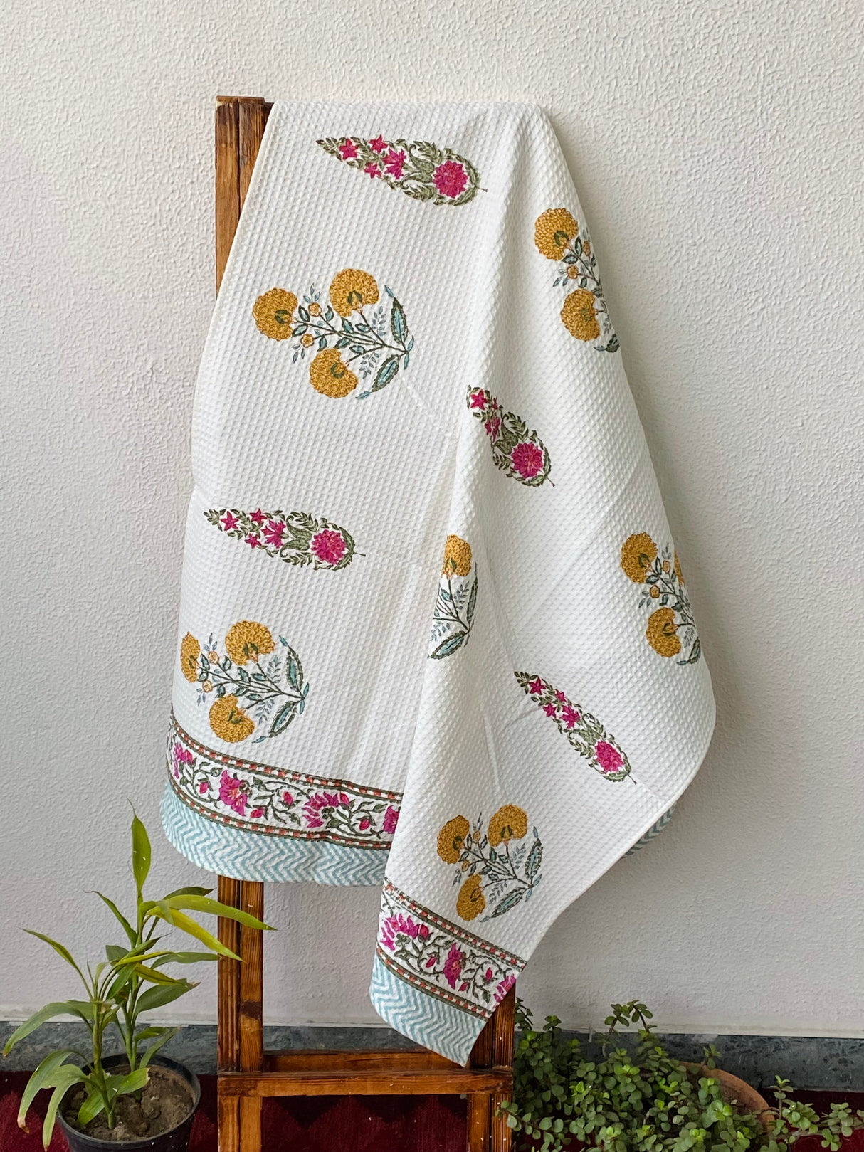 Marigold Blockprint Cotton Towel- Waffle Weave