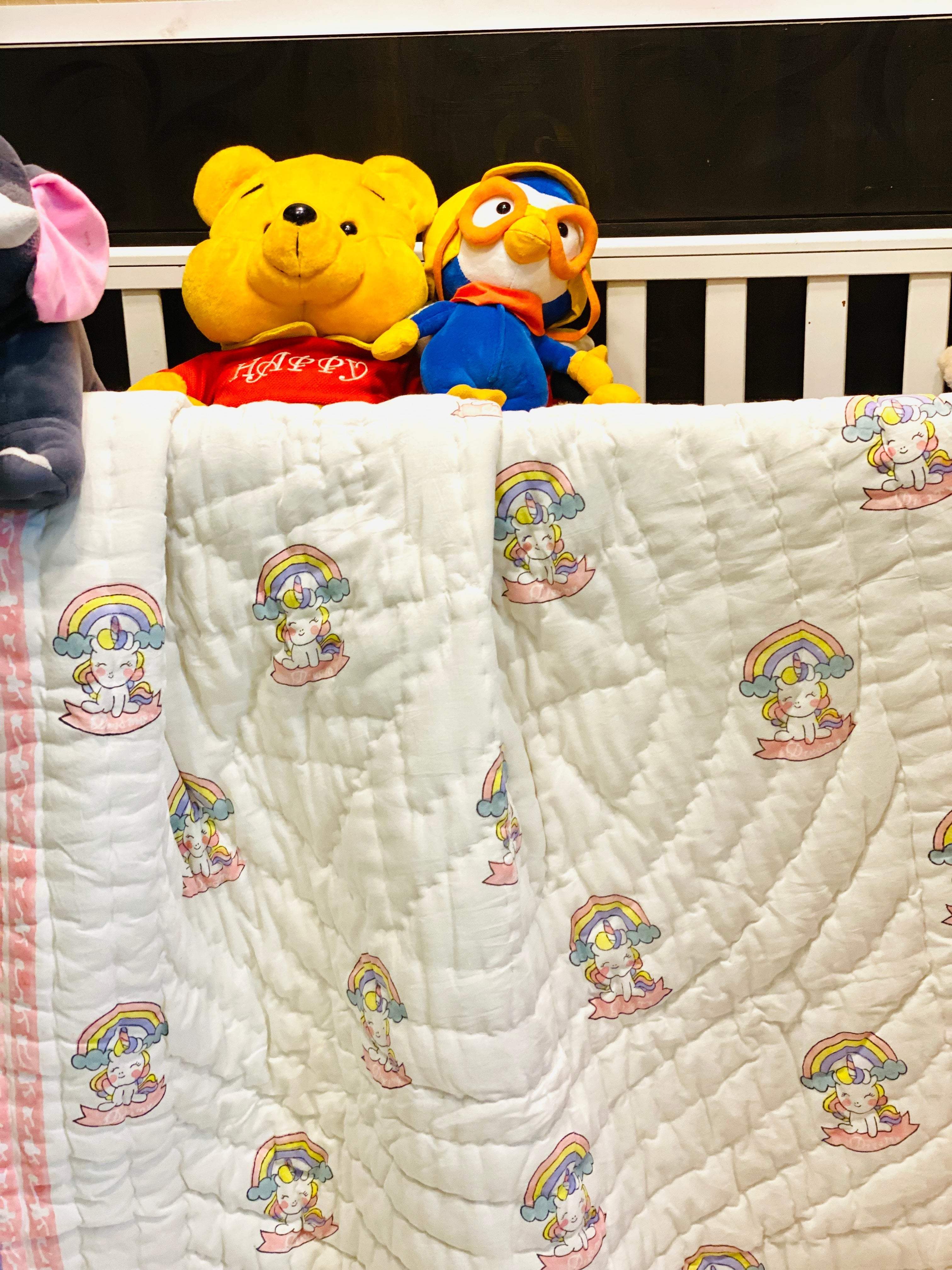 Unicorn Kids Quilt- Hand Block Printed Cotton Reversible (60*40 inches)