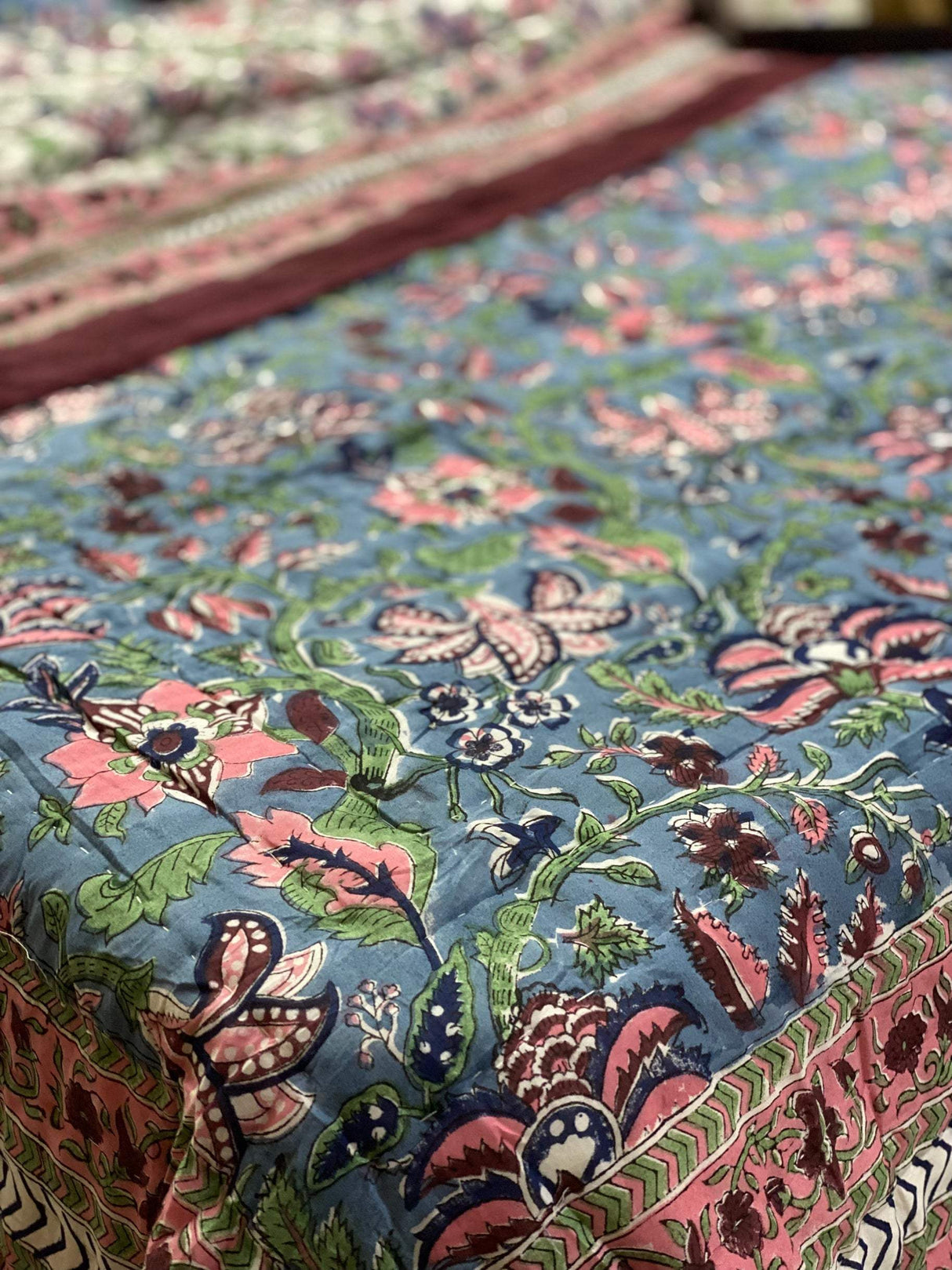 Blue Blossom Blockprint Bedsheet & Quilt Set