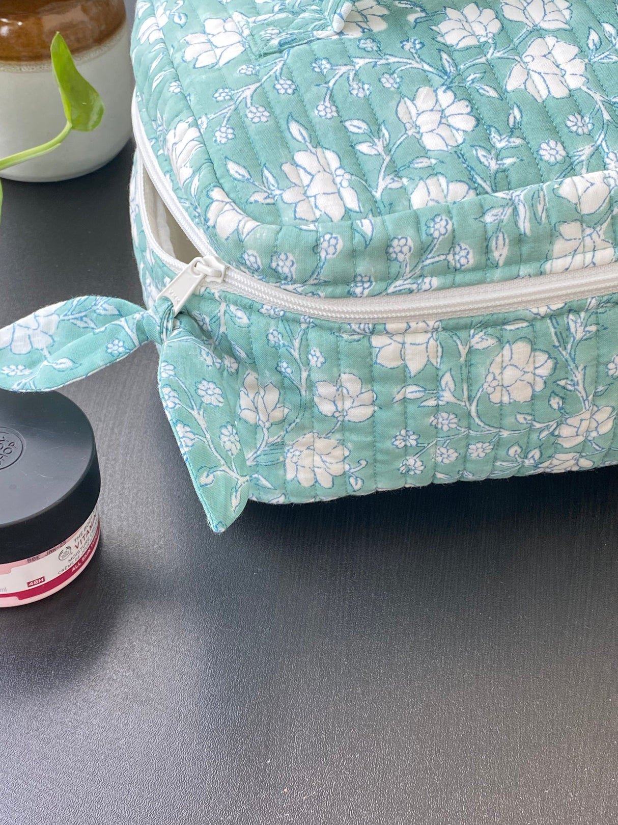 Green Floral Block Print Makeup Pouch | Quilted Cotton Organizer