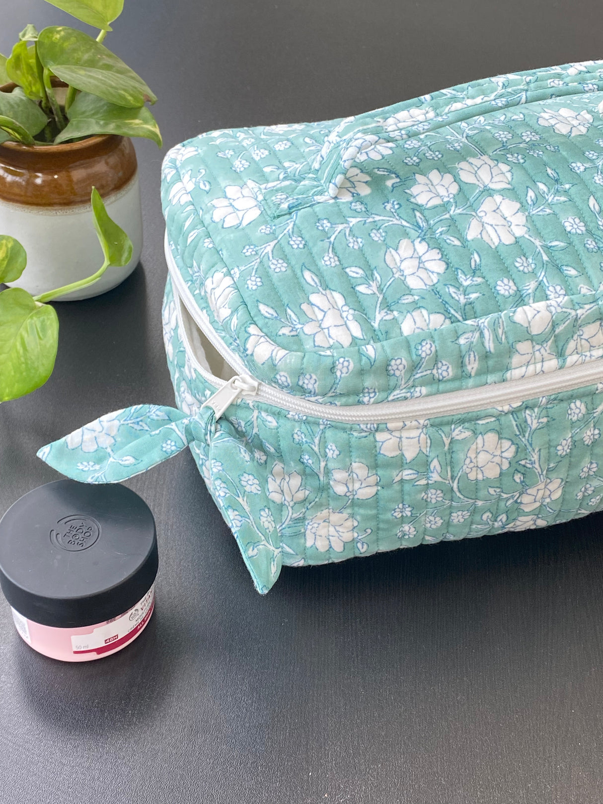 Green Floral Block Print Makeup Pouch | Quilted Cotton Organizer
