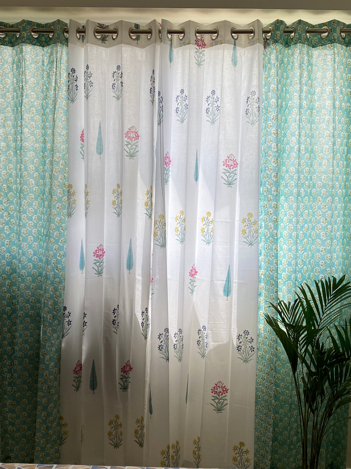 Set of 4 Blockprint Sheer Cotton Curtain