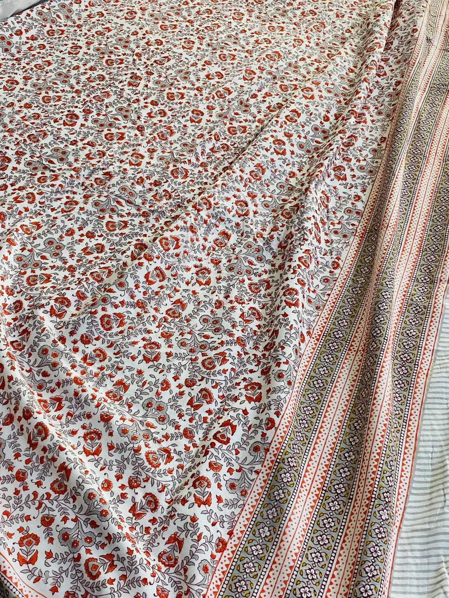 Floral Cotton Set – Bedsheet & Dohar in Orange Tone