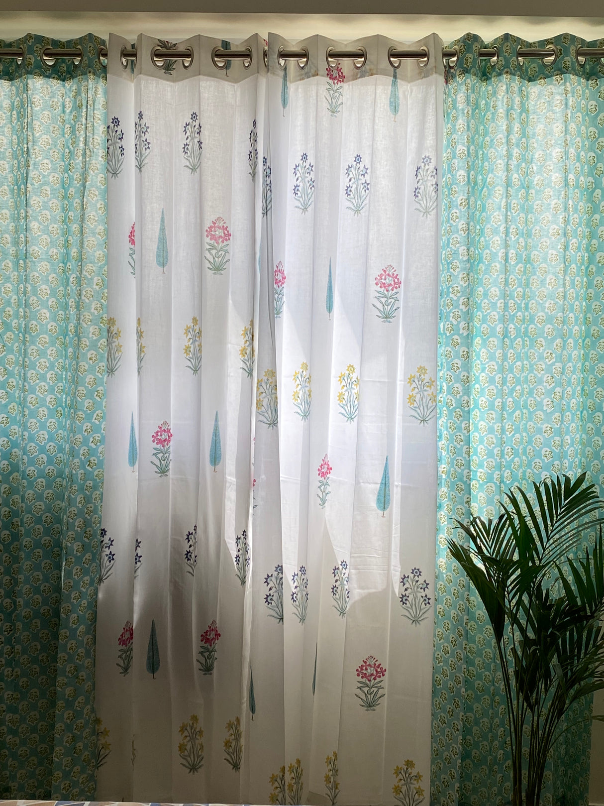 Set of 4 Blockprint Sheer Cotton Curtain
