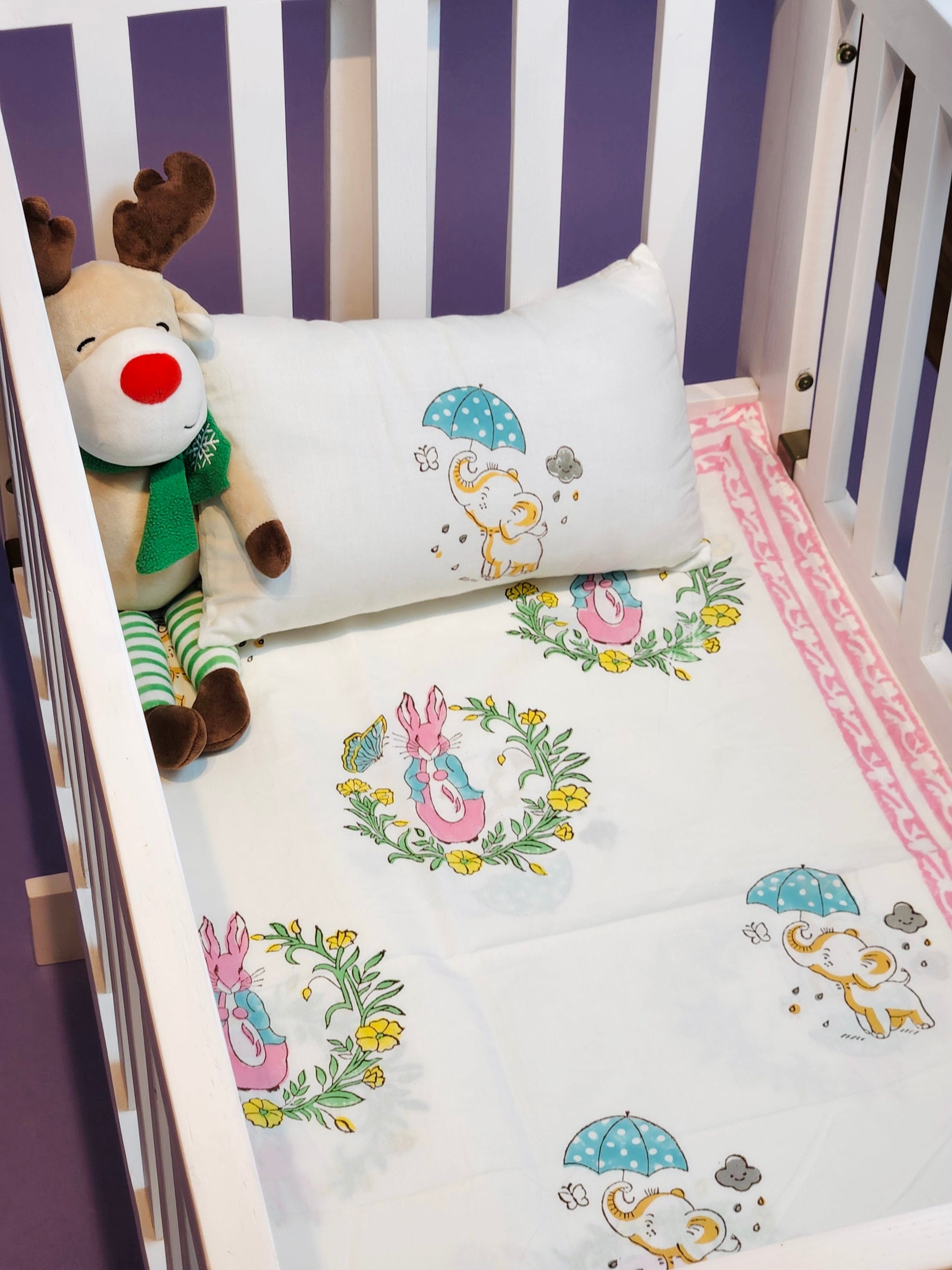 Cot Sheet- Rabbit Elephant Blockprint Cotton -Cot Size (60-40 inches)